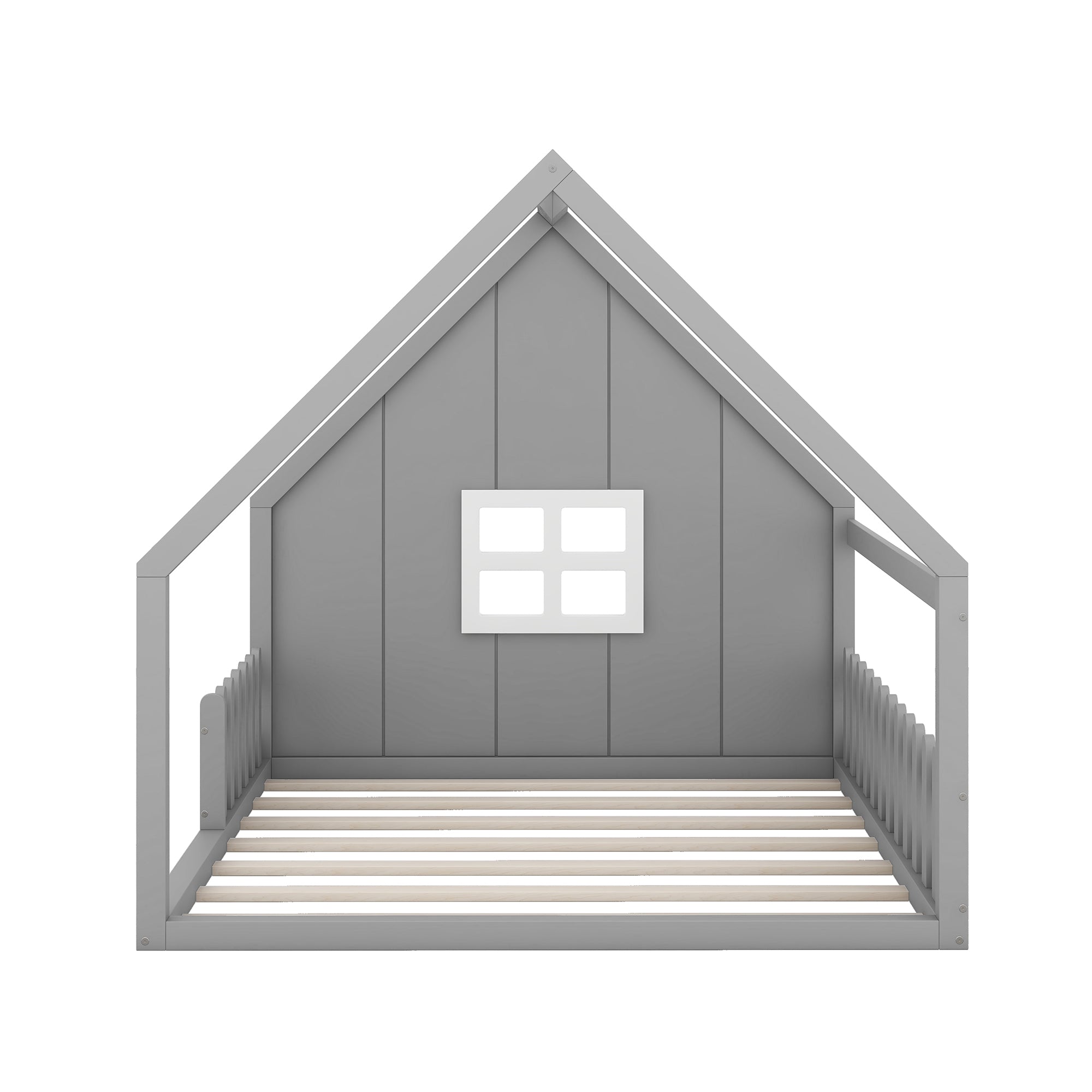 Full Size Wood House Bed with Window and Fence, Gray