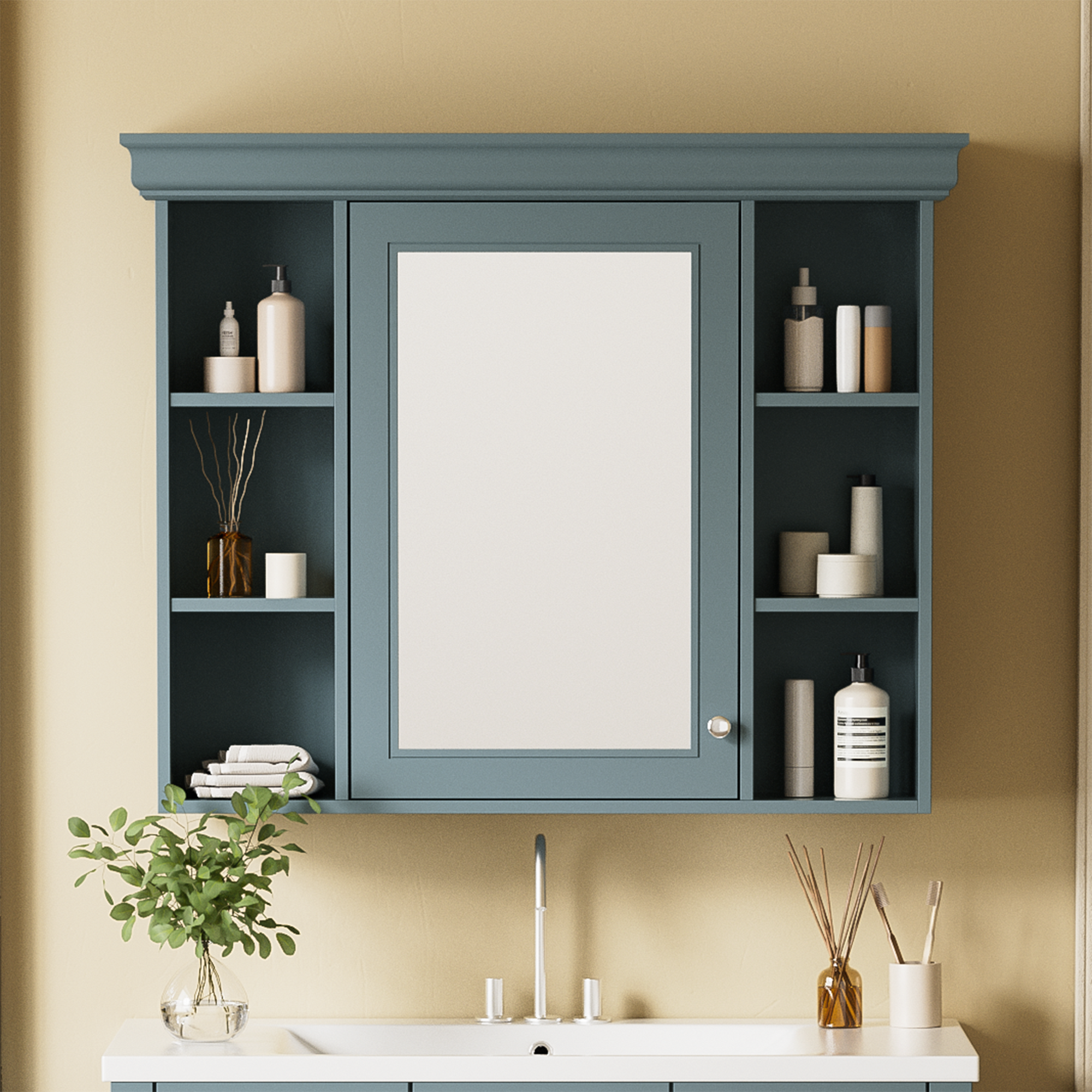 35'' x 28'' Blue Wall Mounted Bathroom Storage Cabinet with Mirror Door, Modern Bathroom Wall Cabinet with Mirror, Medicine Cabinet with 6 Open Shelves