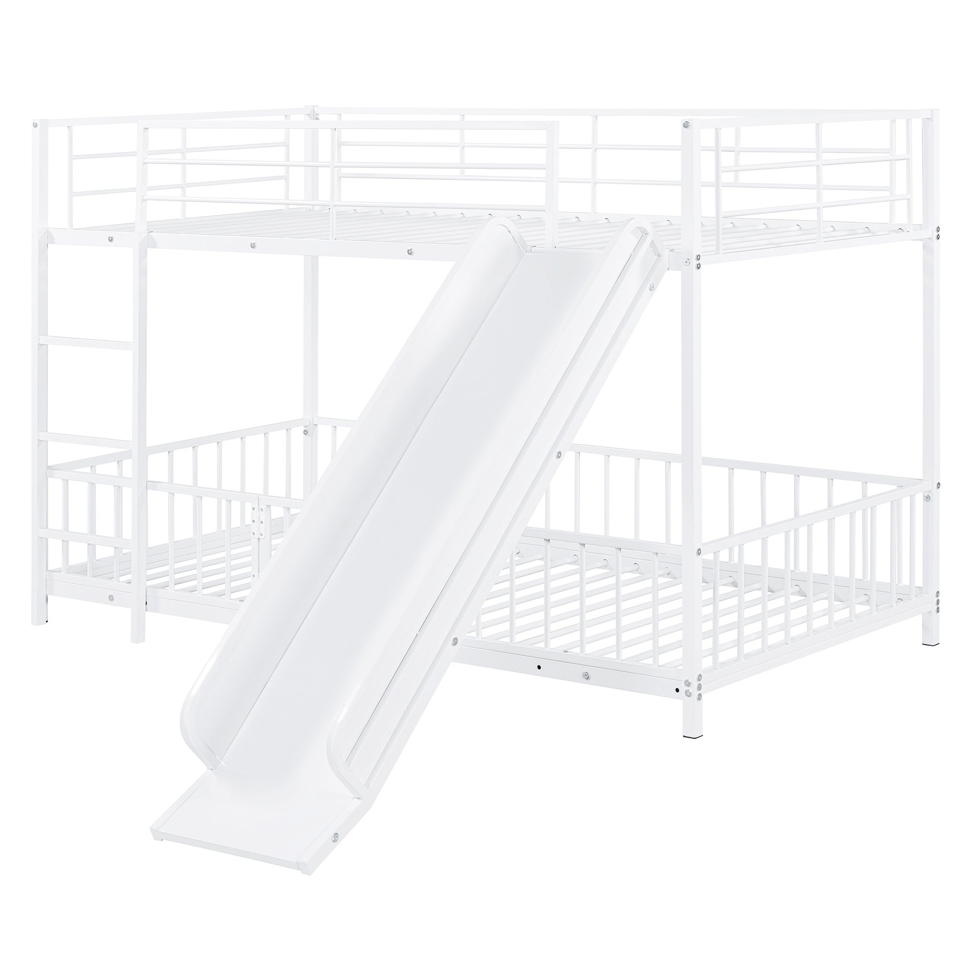 Twin over Twin Size Metal Bunk Bed with Slide and Guardrails, White