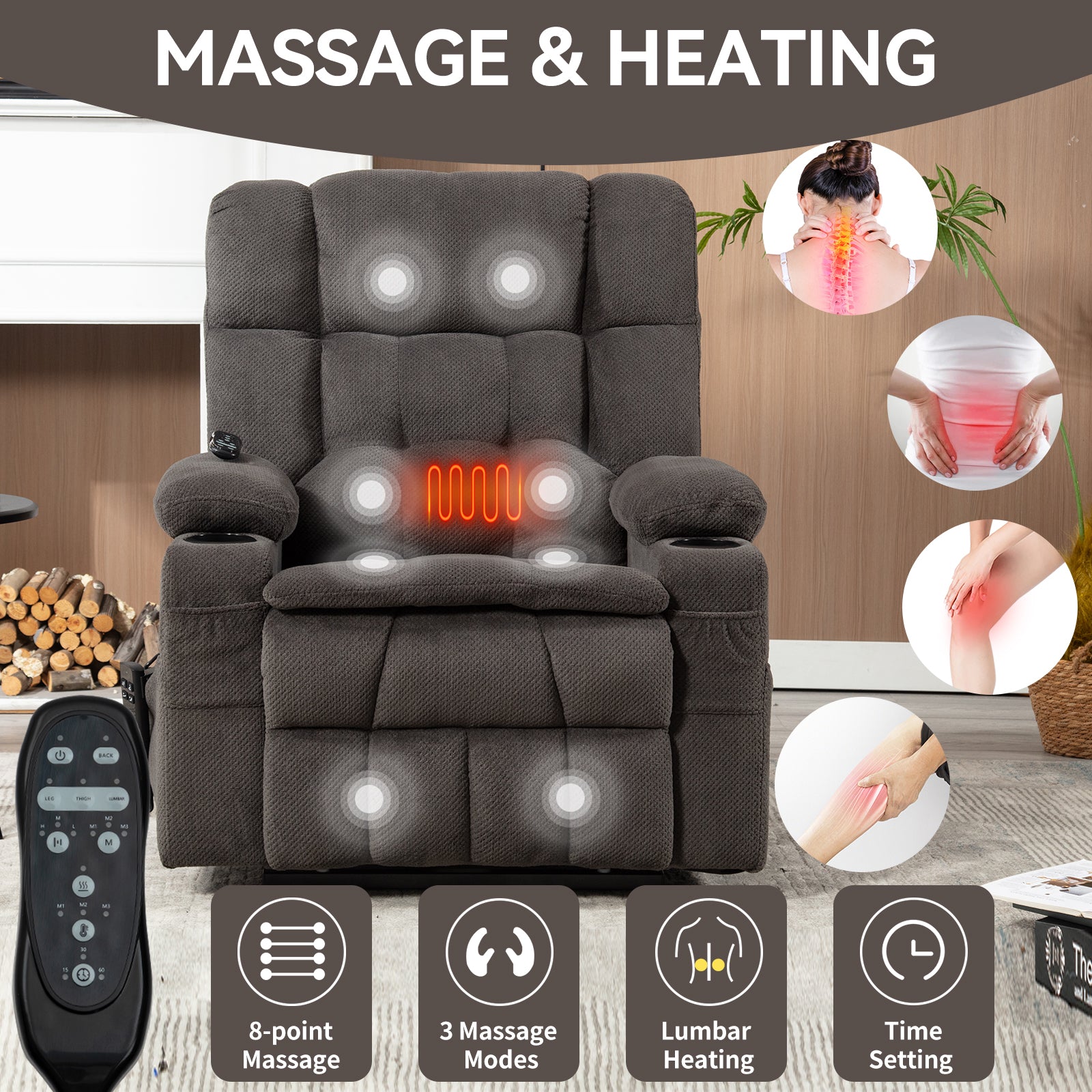 Brown Dual Motor Infinite Position Up to 350 LBS Chenille Power Lift Recliner Chair, Heavy Duty Motion Mechanism with 8-Point Vibration Massage and Lumbar Heating, Dual Cup Holders