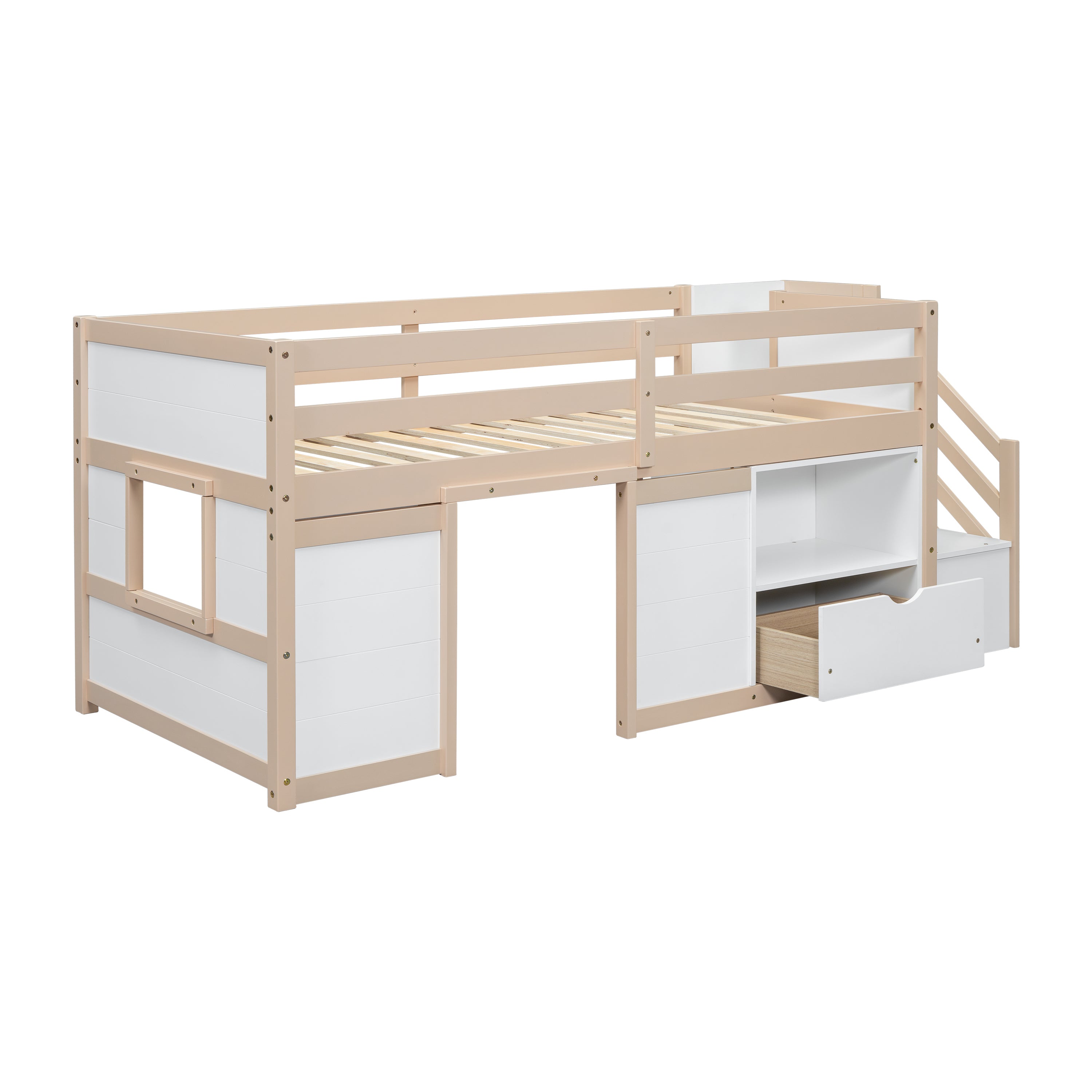 SOLID WOOD TWIN SIZE LOW LOFT BED WITH STAIR, DRAWER, AND SHELF FOR CREAM + WHITE COLOR