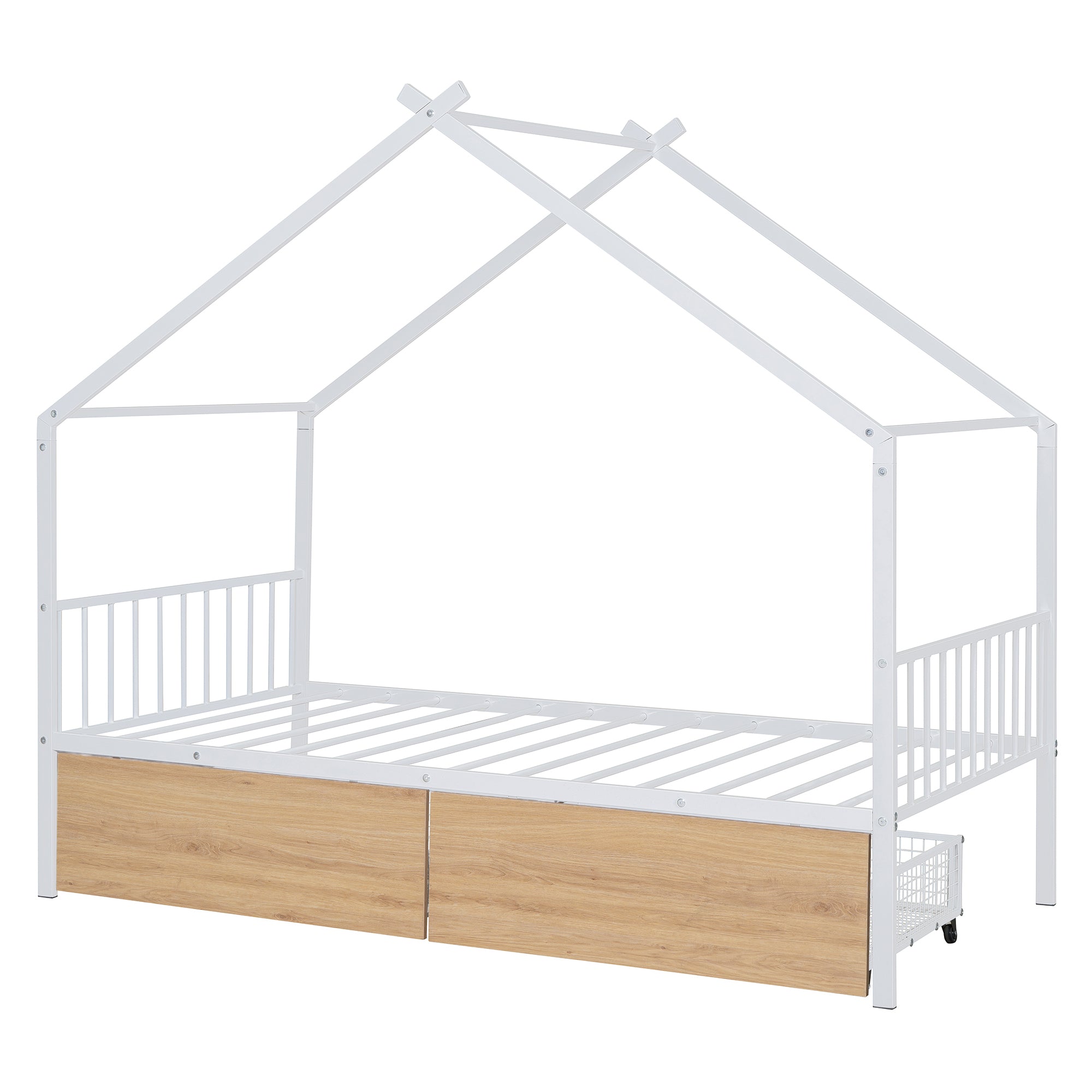 Twin Size Metal House Bed with Two Drawers, White