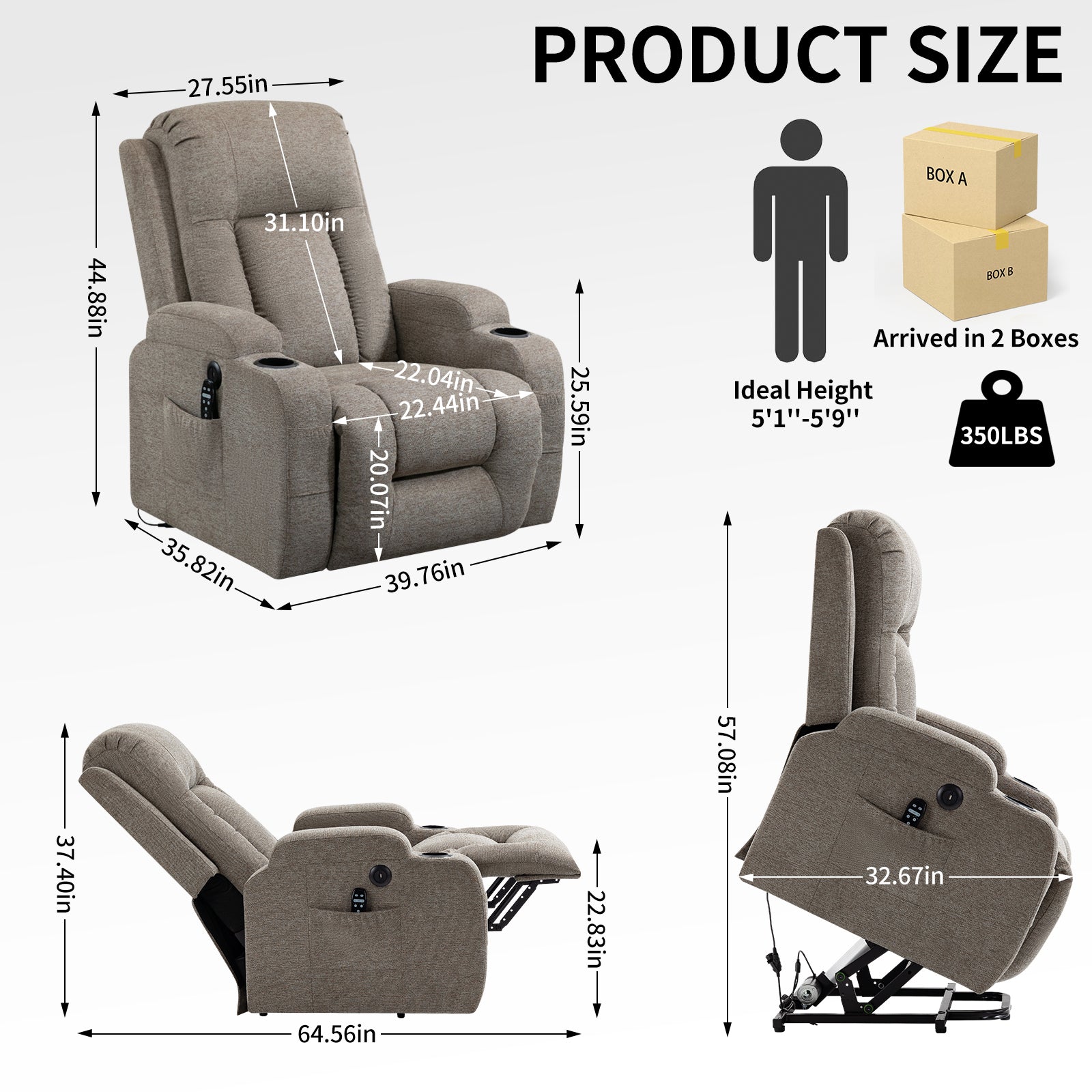 Infinite Position Single Motor Up to 350 LBS Power Lift Recliner Chair for Elderly, Heavy Duty Motion Mechanism with 8-Point Vibration Massage and Lumbar Heating, USB Charging Port, Cup Holders, Brown