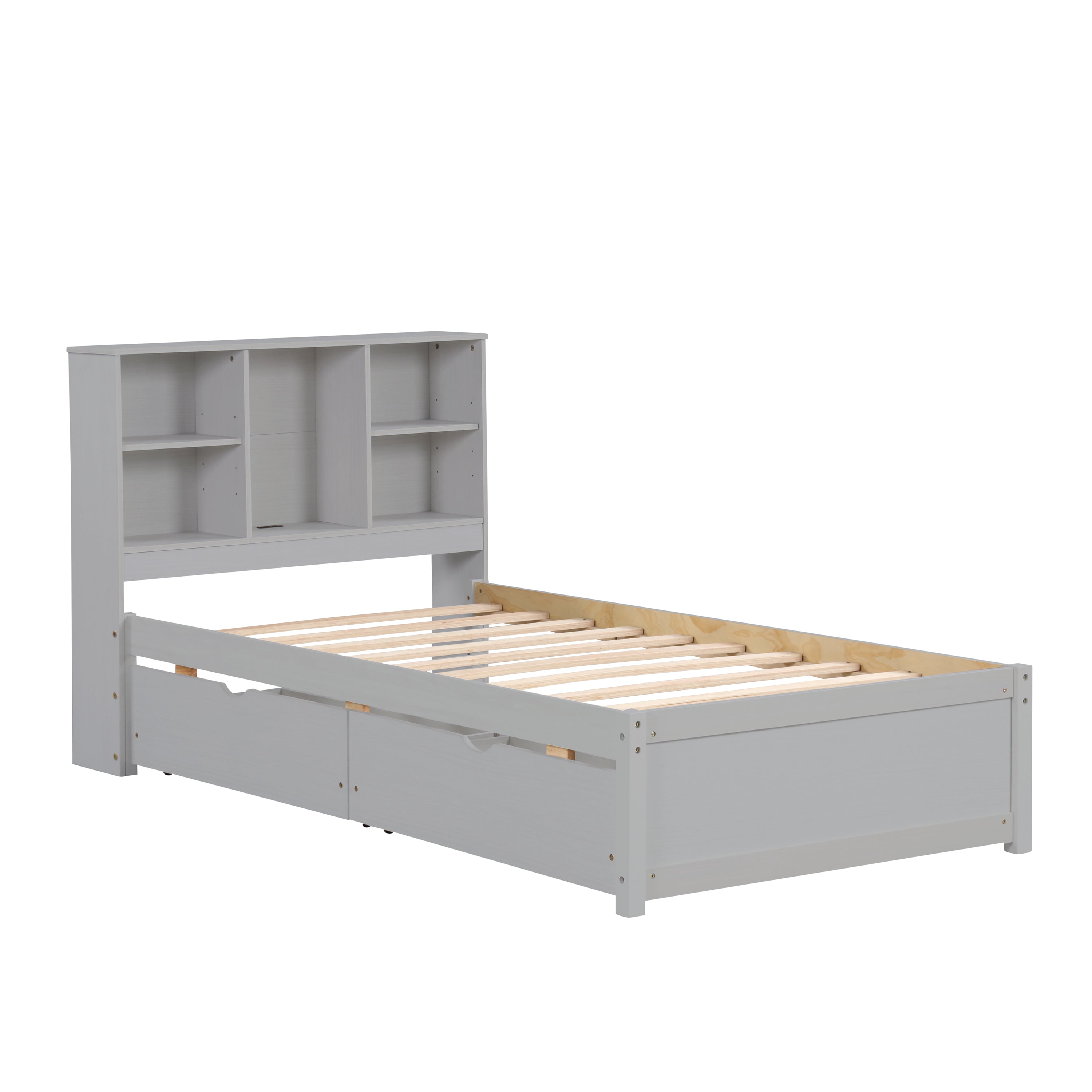 Modern Twin Size Bed Frame With Built-in USB Port on Bookcase Headboard and 2 Drawers for Grey Color