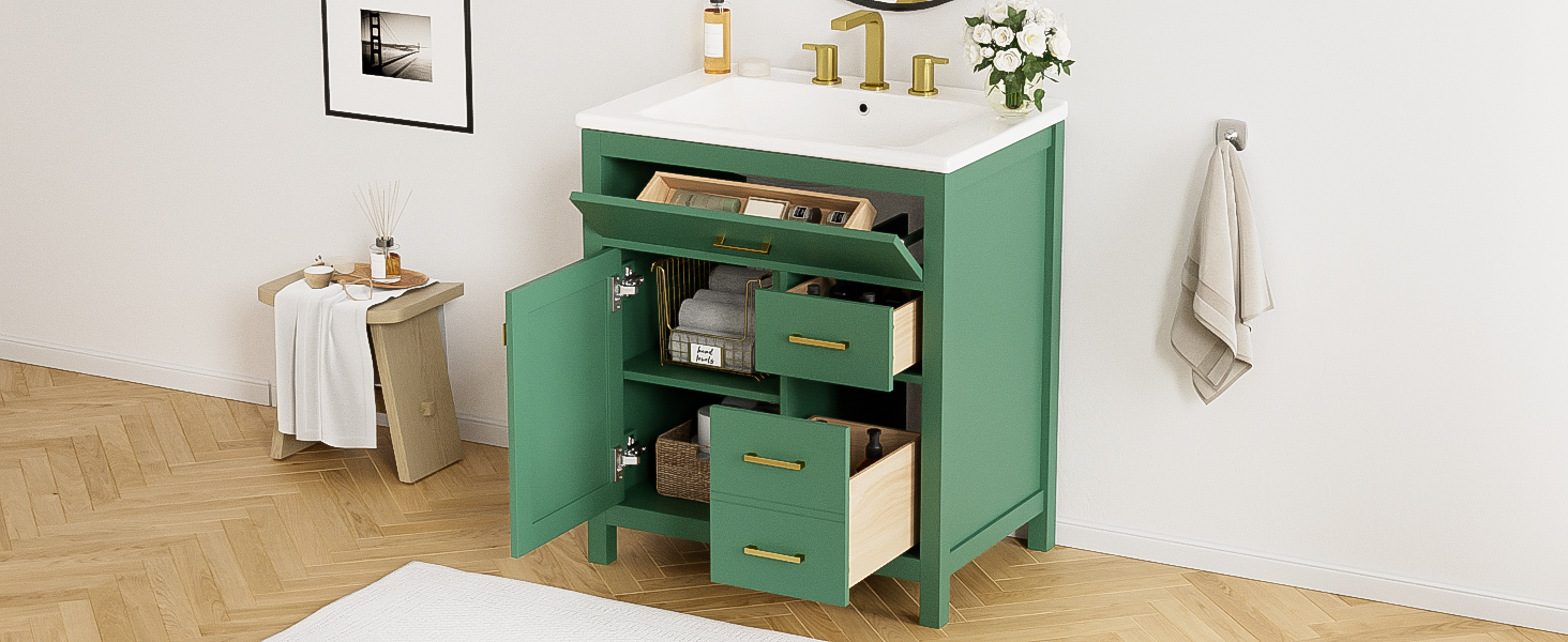 30-Inch Green Bathroom Vanity with Ceramic Sink and Ample Storage - Ideal Choice for Small Bathrooms