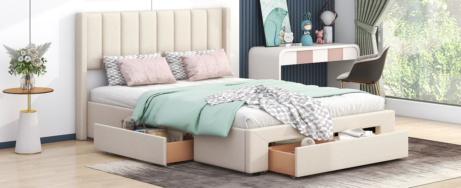 Queen Size Upholstered Platform Bed with One Large Drawer in the Footboard and Drawer on Each Side,Beige