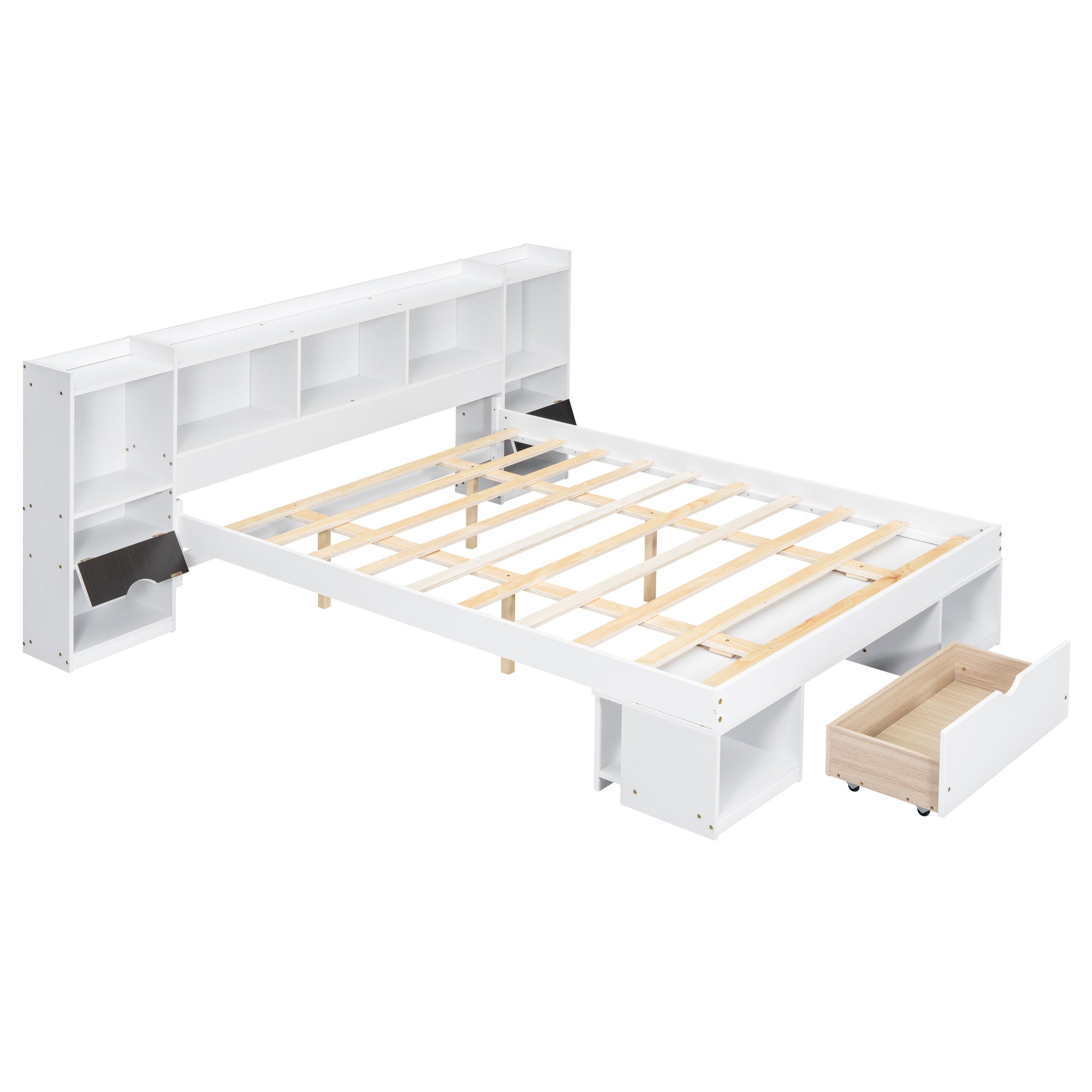 Queen Size Wood Platform Bed with Multi-storage Headboard and a Drawer, White