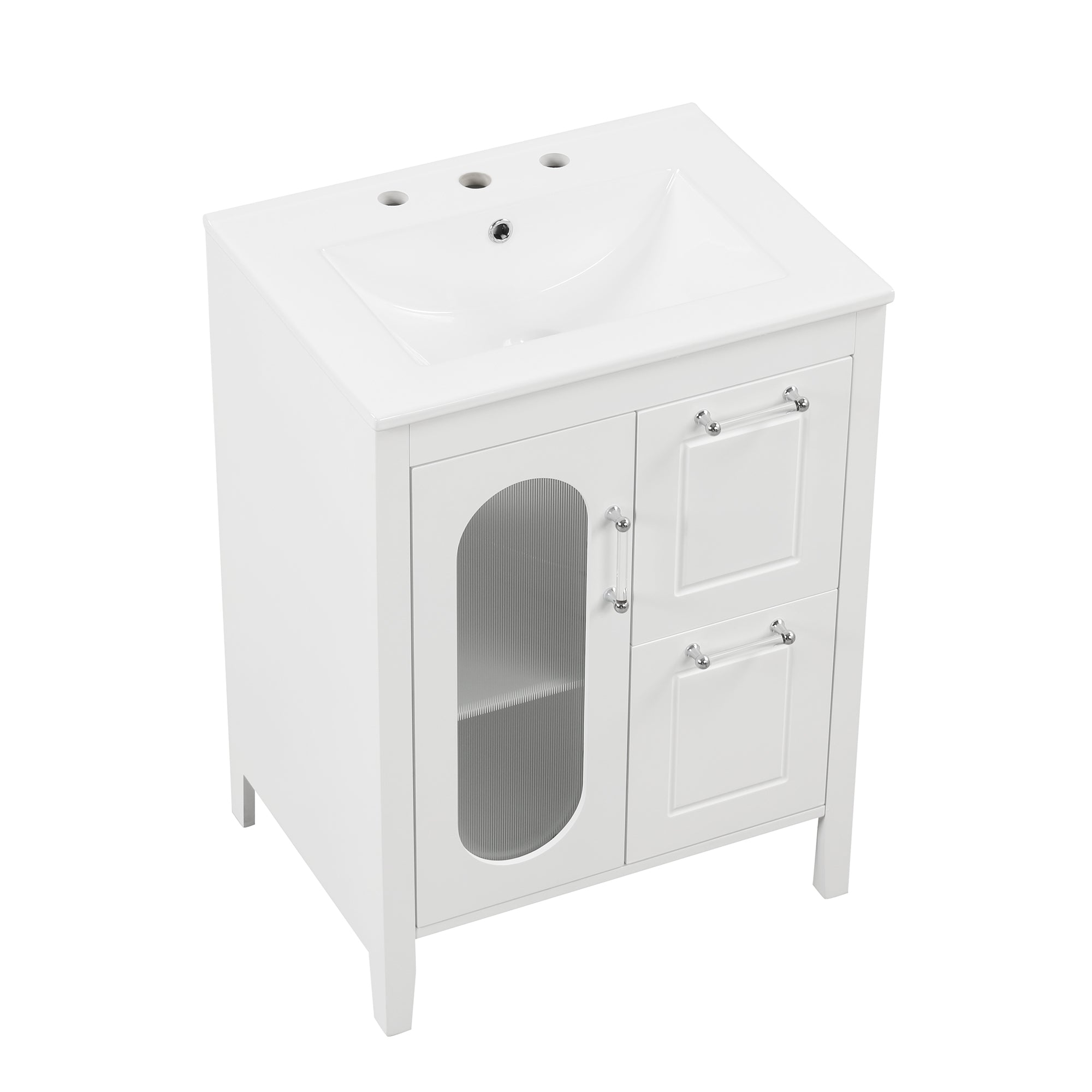 24" Bathroom Vanity with Sink, Bathroom Vanity Cabinet with Two Drawers and Door, Adjustable Shelf, Solid Wood and MDF, White