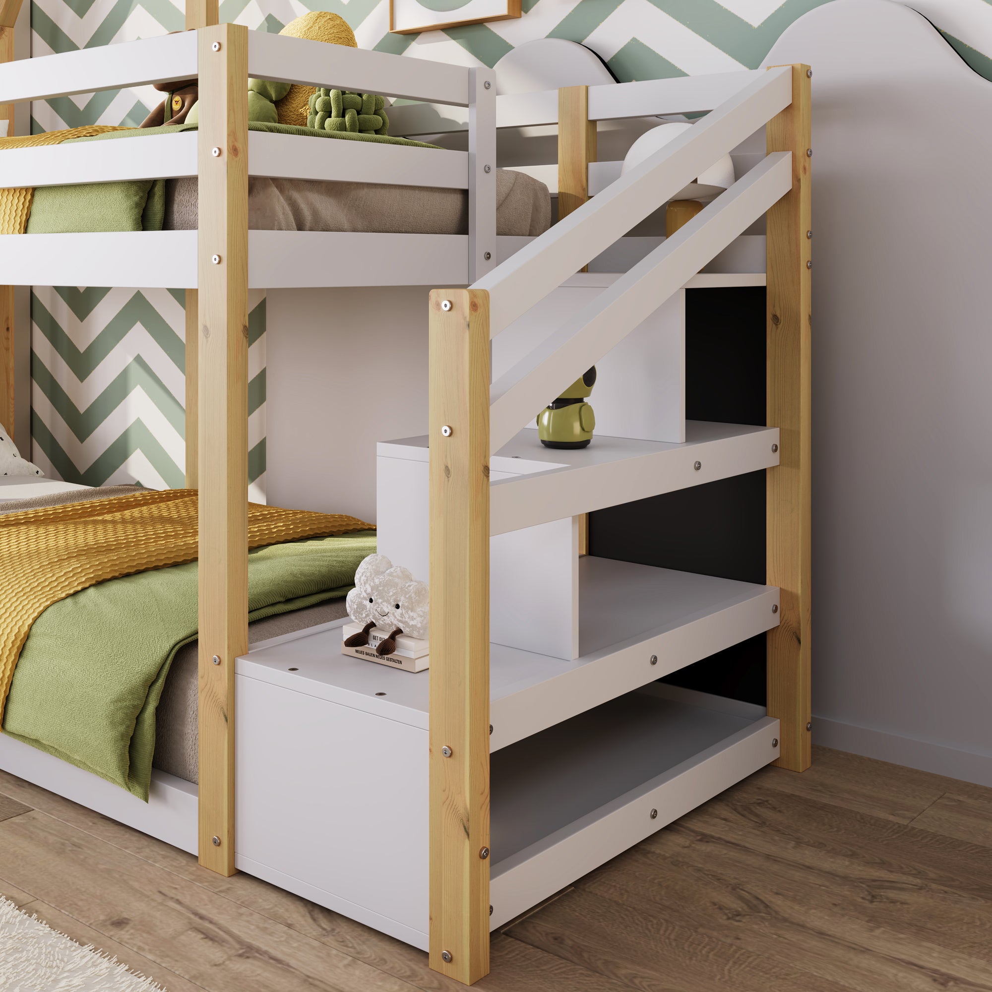 Twin over Twin House Bunk Bed with White Storage Staircase and 2 Blackboards, White and Natural