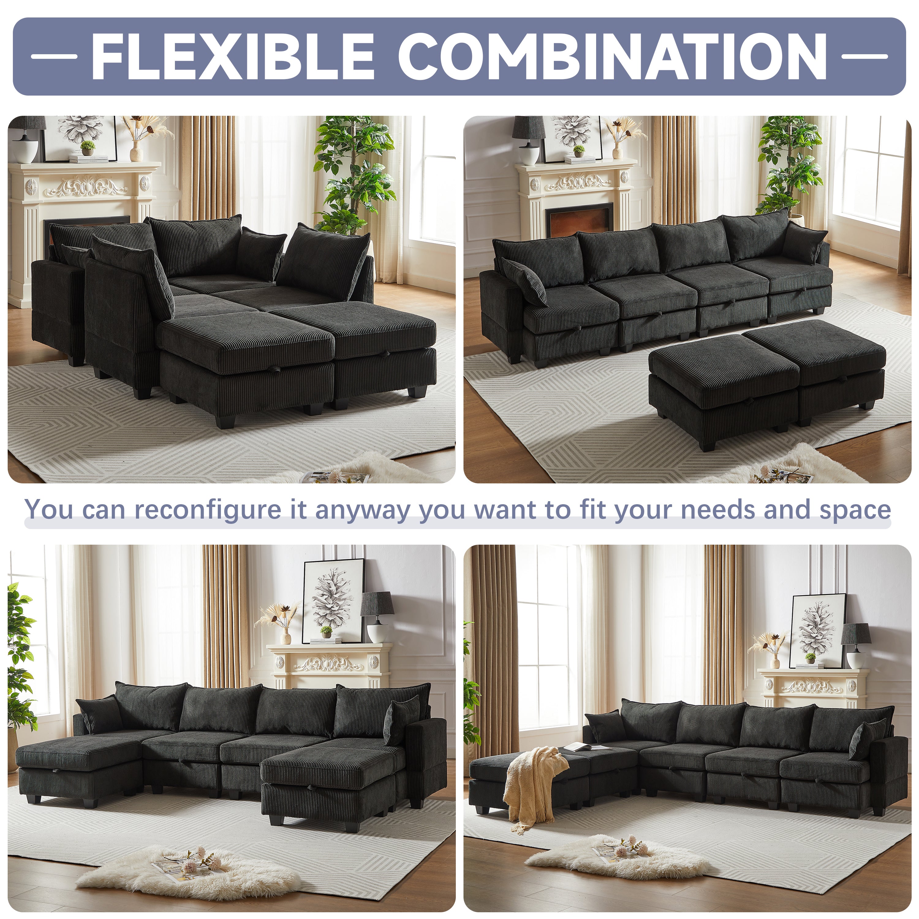 113.5'' Modular Sectiona Corduroy Sofa, Sectional Couches for Living Room U Shaped Sectional Couch with Storage Ottoman, 6 Seats Convertible Sectionals with Chaise