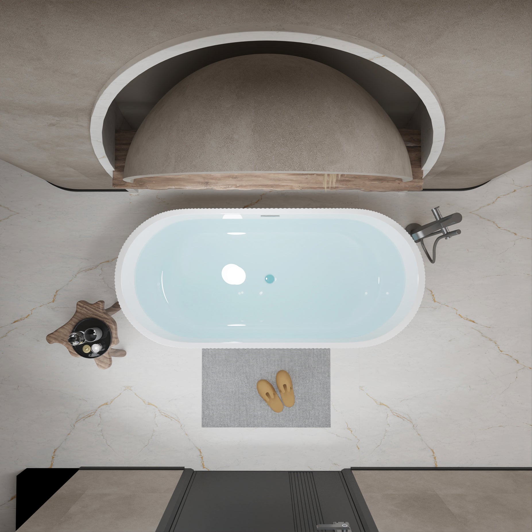 59-inch soaker tub, glossy white, pop-up chrome drain detail