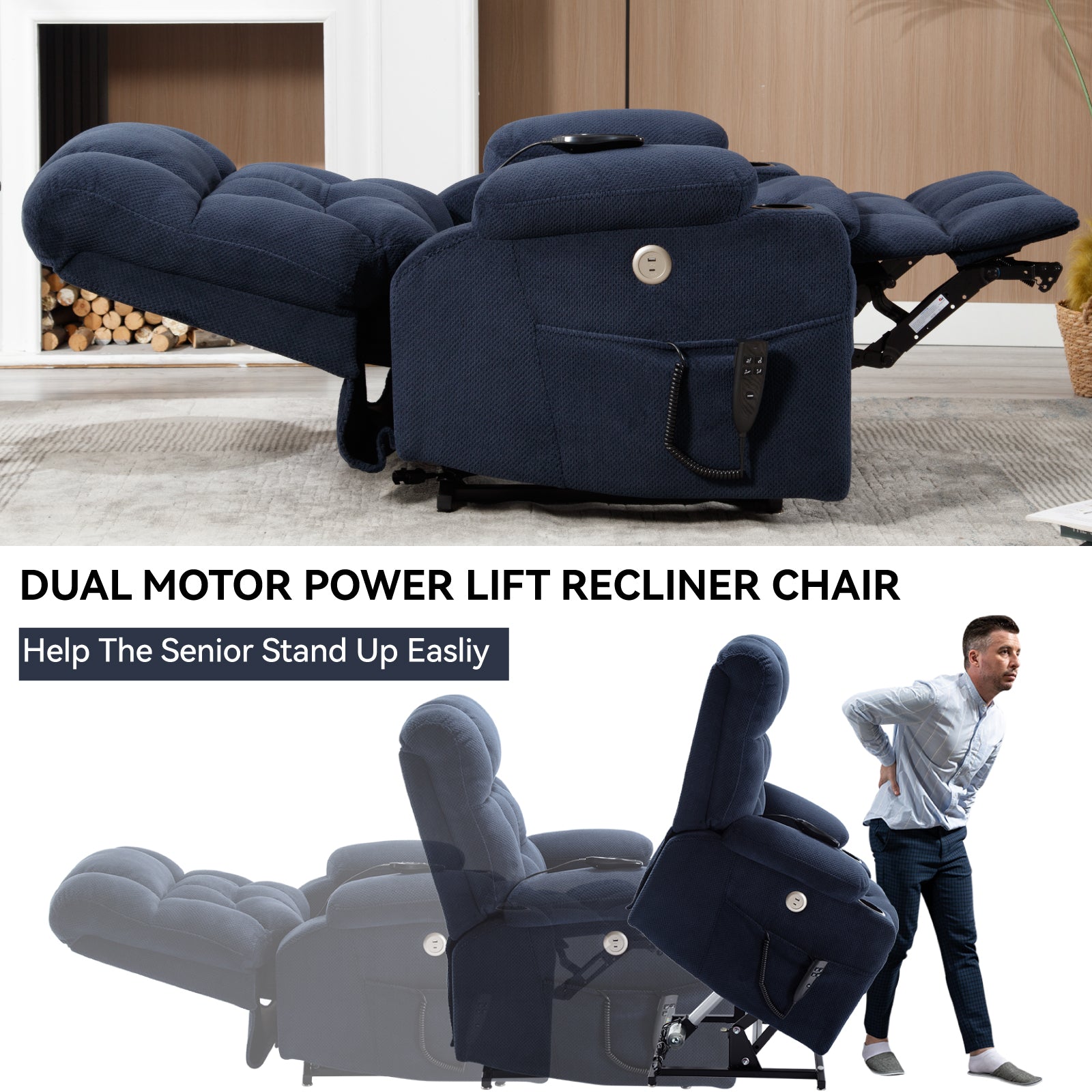 Blue Dual Motor Infinite Position Up to 350 LBS Chenille Power Lift Recliner Chair, Heavy Duty Motion Mechanism with 8-Point Vibration Massage and Lumbar Heating, Dual Cup Holders