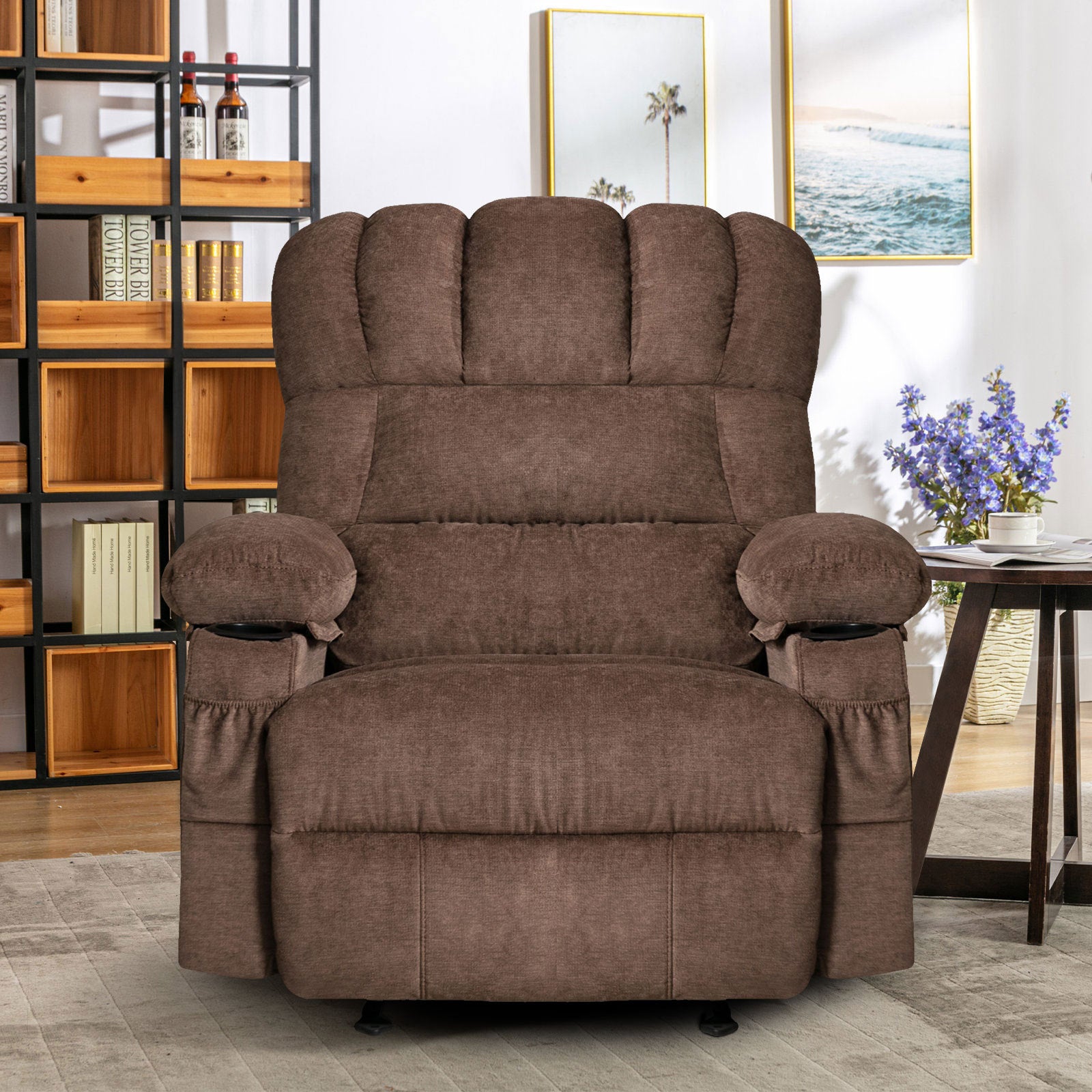 Vanbow.Recliner Chair Massage Heating sofa with USB and side pocket 2 Cup Holders (Brown)