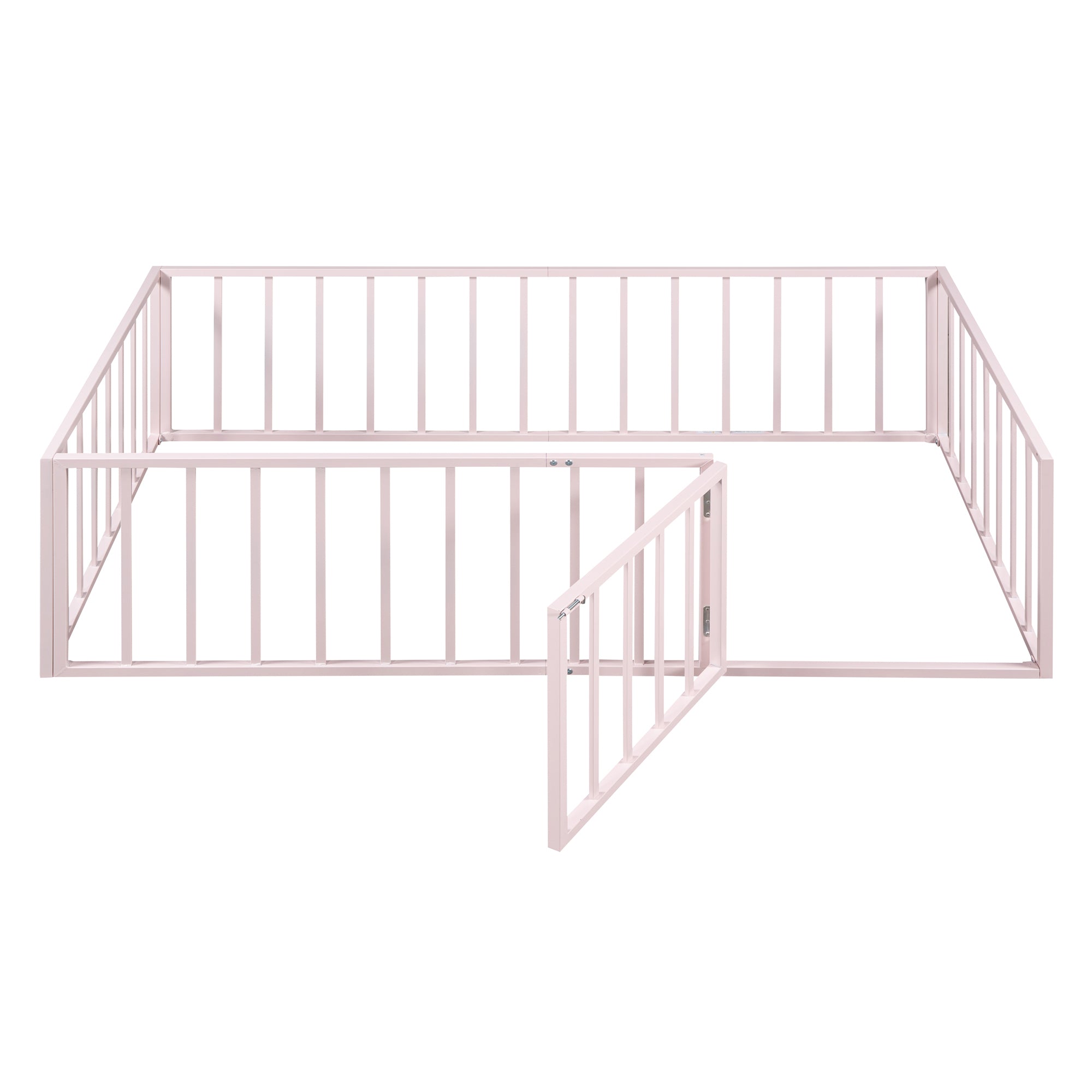 Twin Size Metal Floor Bed Frame with Fence and Door, Pink