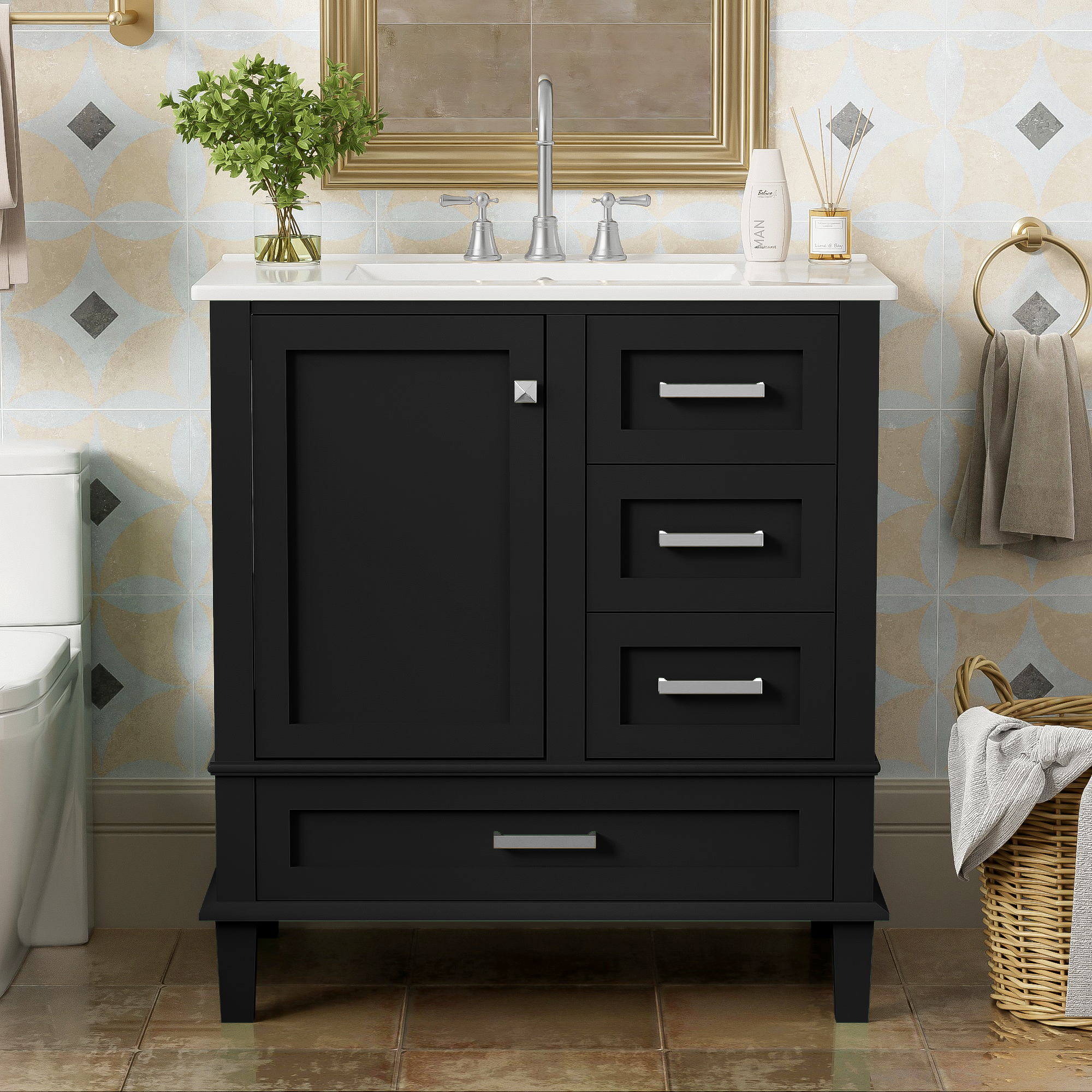 30" Bathroom Vanity , Modern Bathroom Cabinet with Sink Combo Set, Bathroom Storage Cabinet with a Soft Closing Door and 3 Drawers, Solid Wood Frame(Black)