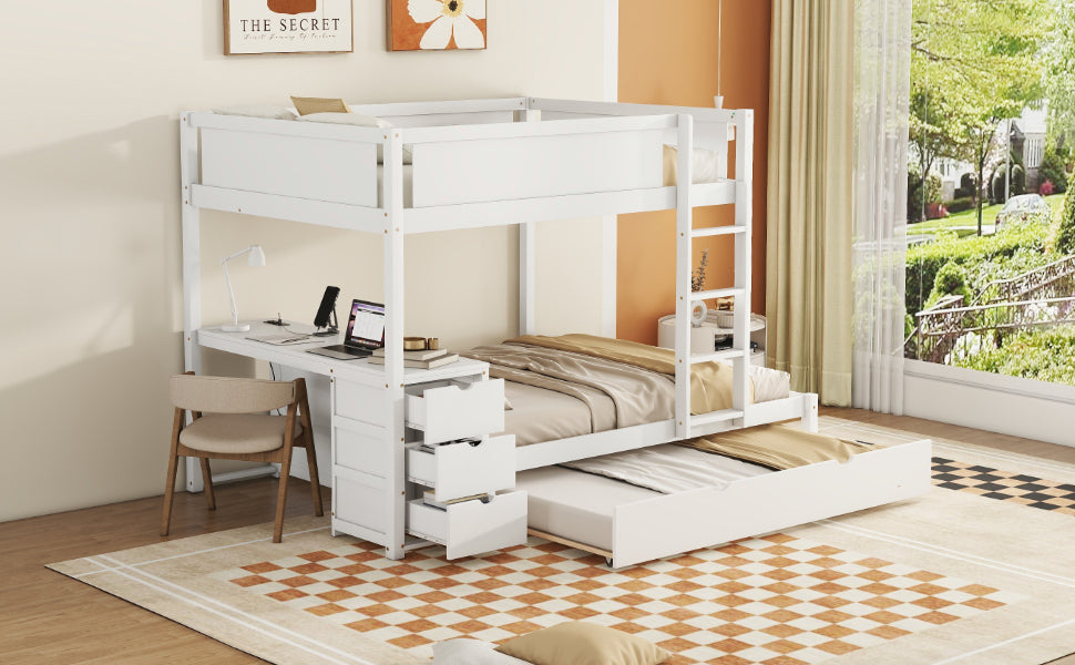 Full-Over-Full Bunk Bed with Twin size Trundle, Storage and Desk, White