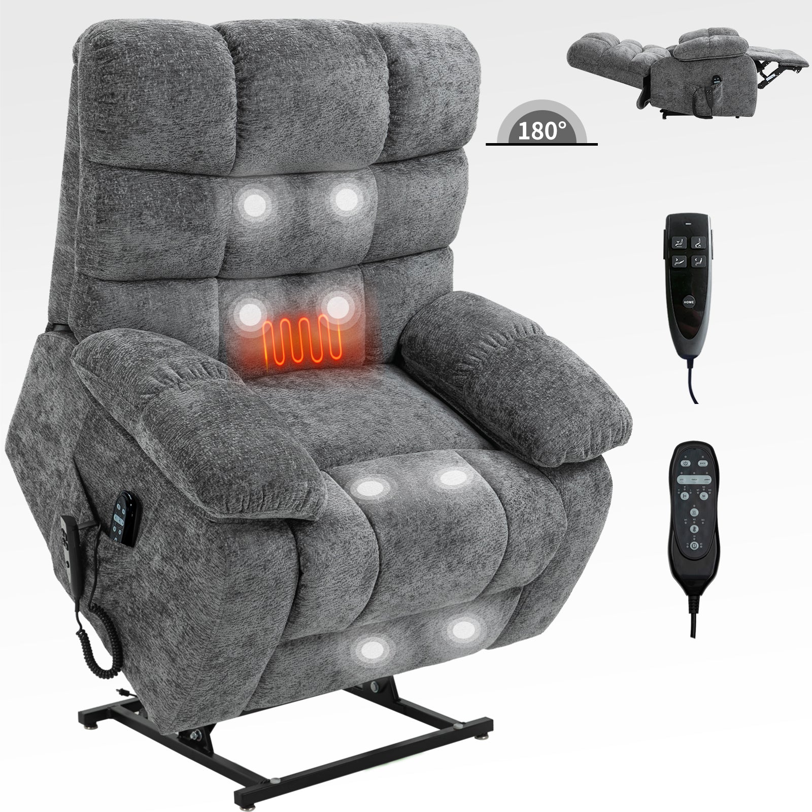 Lift Recliner Chair Heat Massage Dual Motor Infinite Position Up to 350 LBS Large Electric Power Lift Recliners with Power-Remote, Medium-firm and Heavy duty, Grey