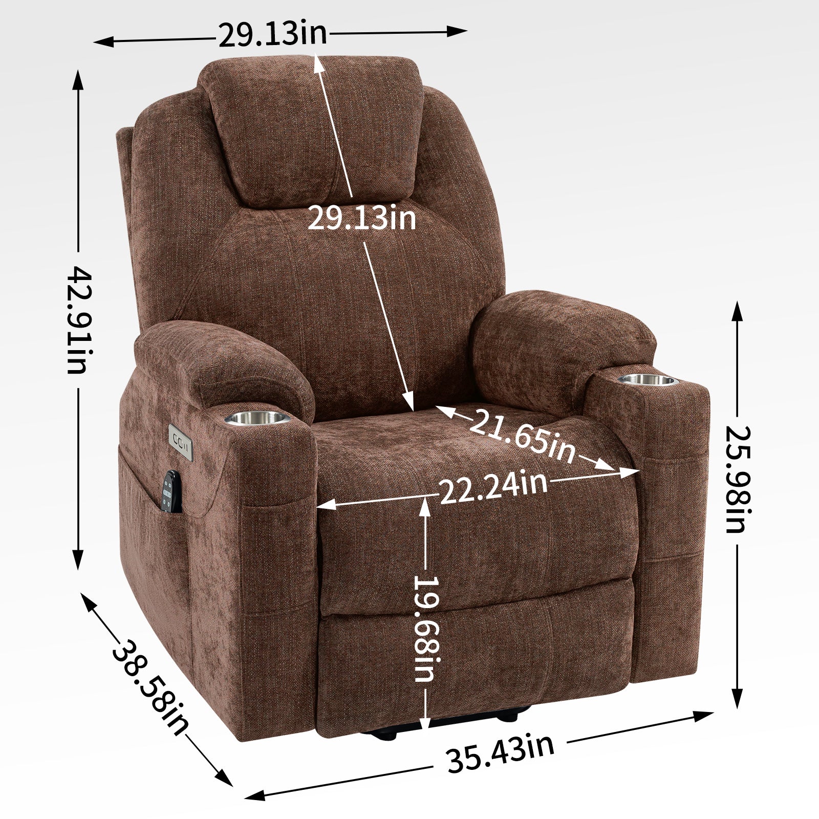 Up to 350 LBS Chenille Power Lift Recliner Chair, Heavy Duty Motion Mechanism with 8-Point Vibration Massage and Lumbar Heating, USB and Type-C Ports, Stainless Steel Cup Holders, Brown