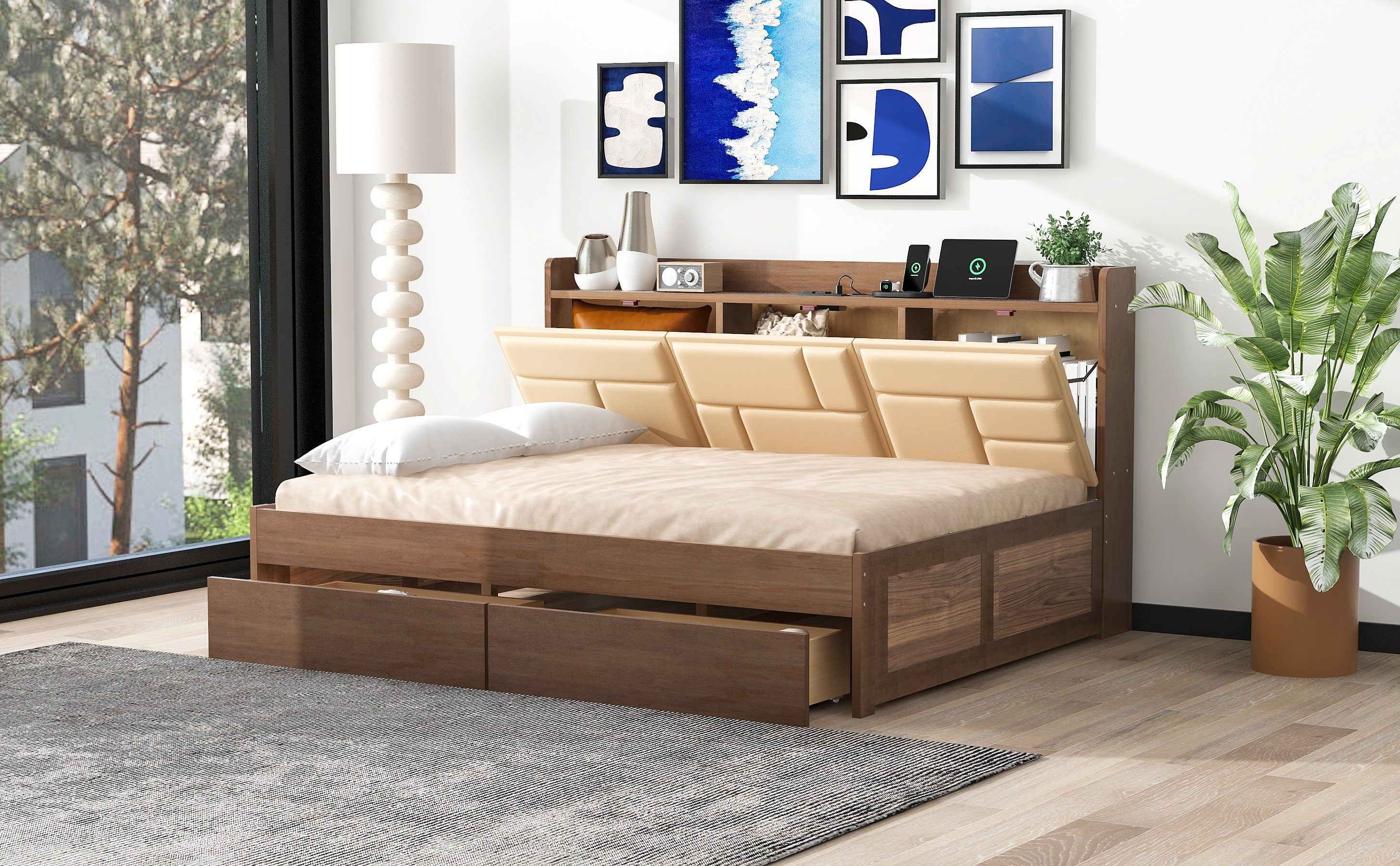 Full Size Wood Daybed with Upholstered Storage Shelves, USB Ports and 2 Drawers, Wood Color