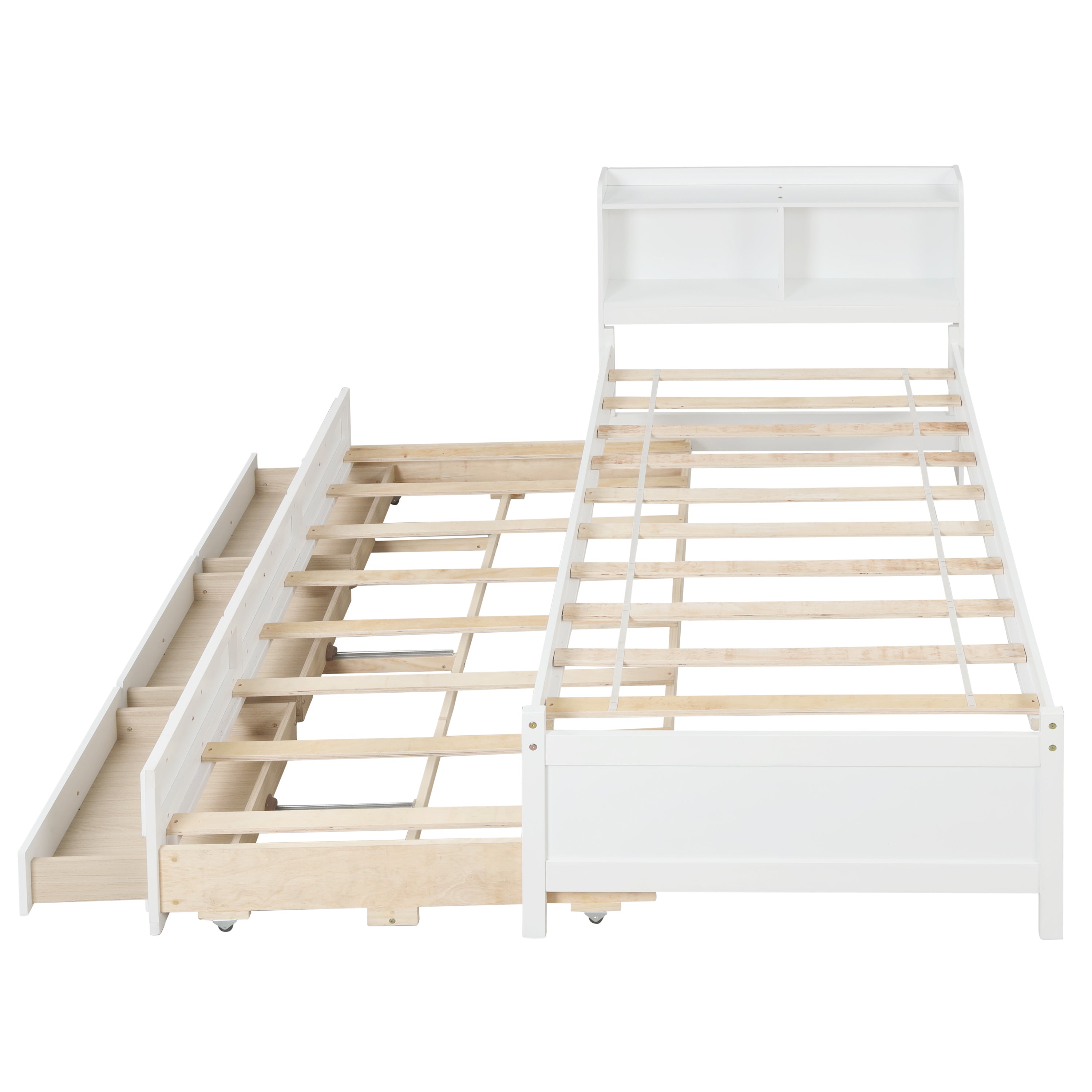 Twin Bed with Bookcase,Twin Trundle,Drawers,White