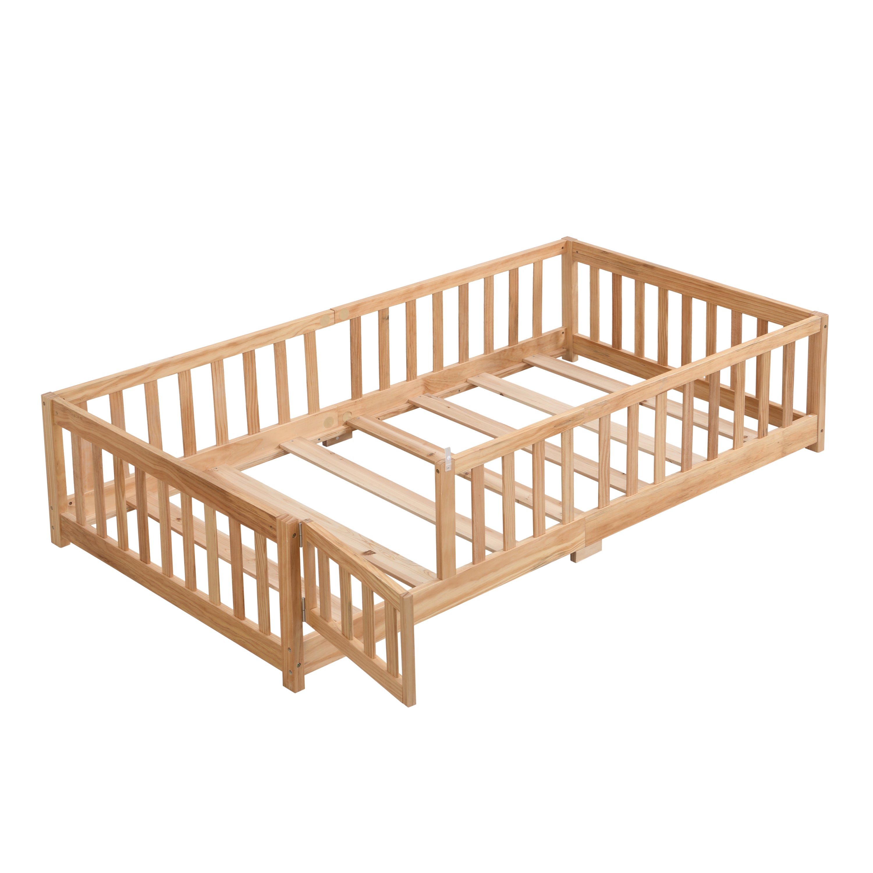 Twin Size Floor Bed with Door,Solid Wood Platform Bed Frame  with Fence,Suitable for children,Pine Wood,Natural