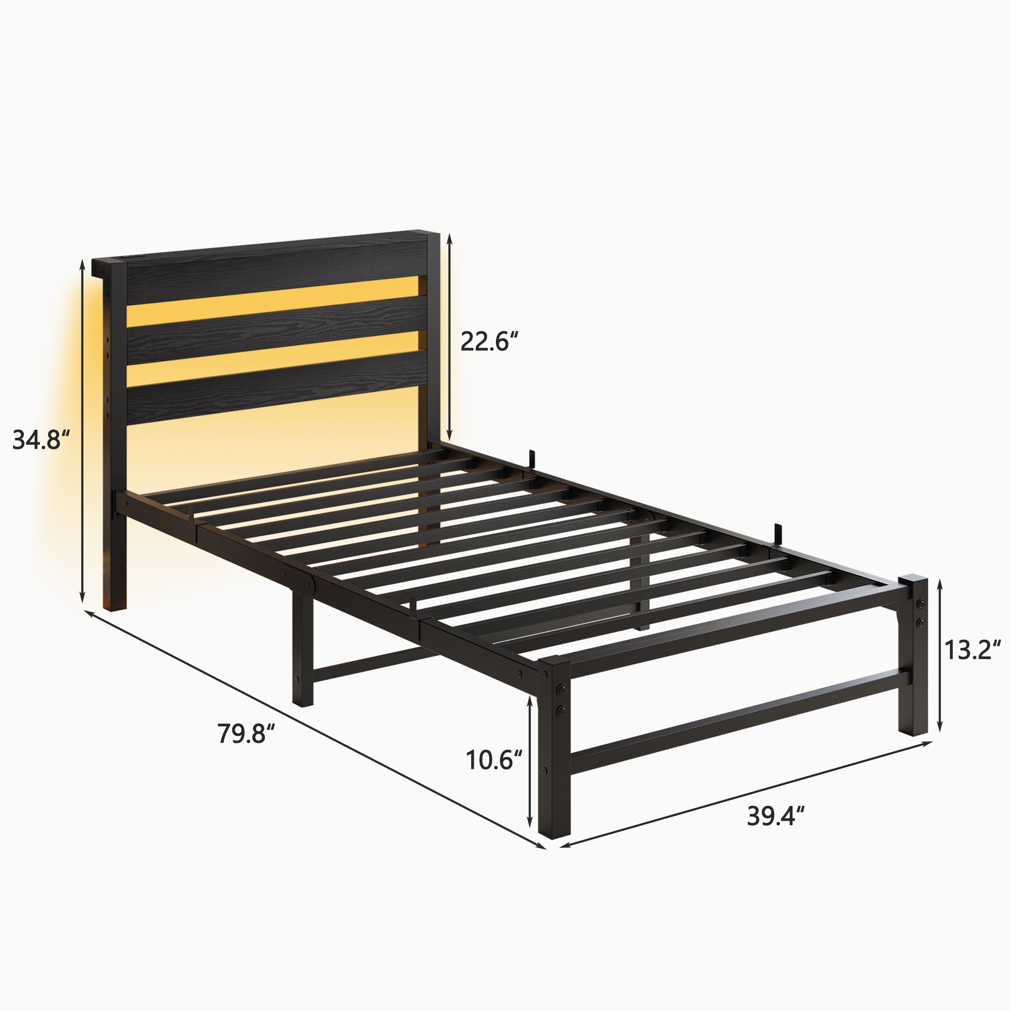 Twin Size Bed Frame Heavy Duty Platform Bed Frame with Headboard, USB Charging Station, LED Bed, No Box Spring Needed, Mattress Foundation, Strong Steel Slats, Noise Free, Black