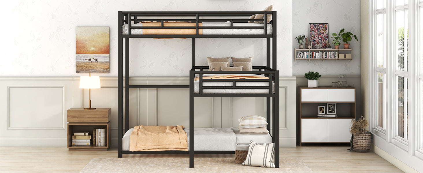 L-shaped Metal Triple Twin Size Bunk Bed, Black(OLD SKU:SM000605AAB)