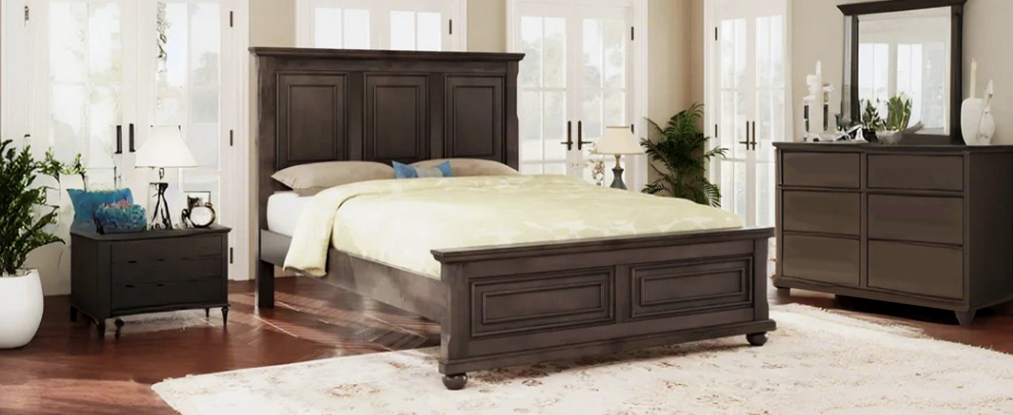 Traditional Town and Country Style Pinewood Vintage King Bed, Rich Brown