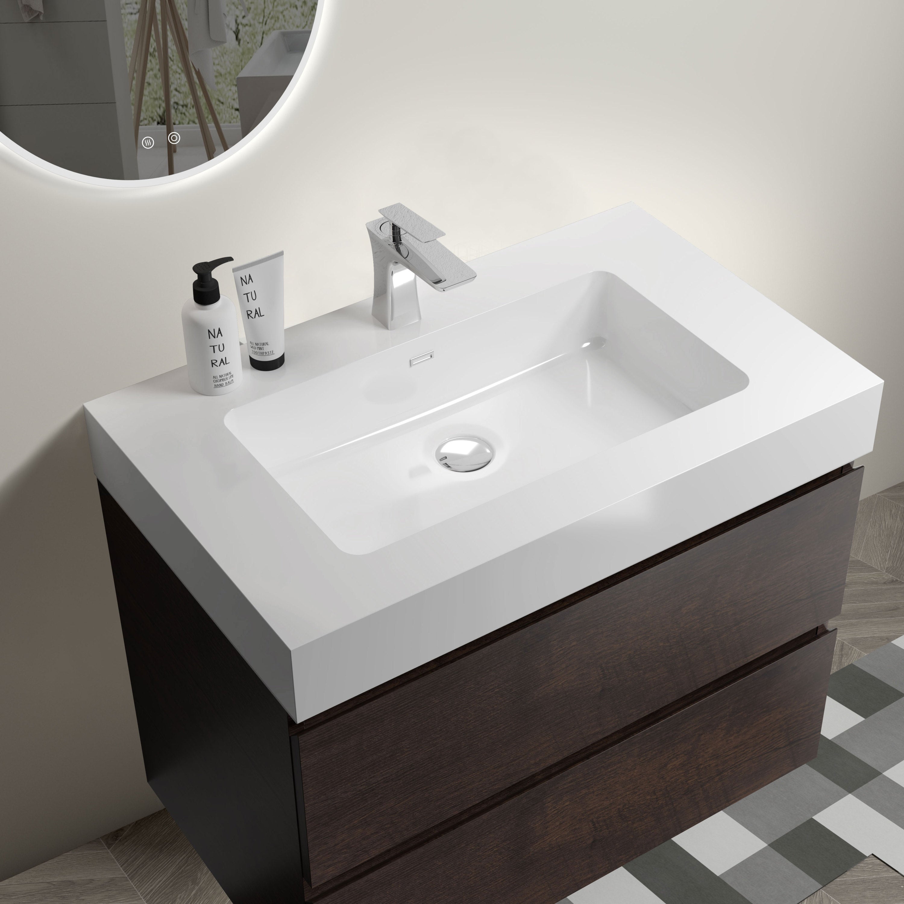 Alice 30" Walnut Bathroom Vanity with Sink, Large Storage Wall Mounted Floating Bathroom Vanity for Modern Bathroom, One-Piece White Sink Basin without Drain and Faucet, Pre-assembled