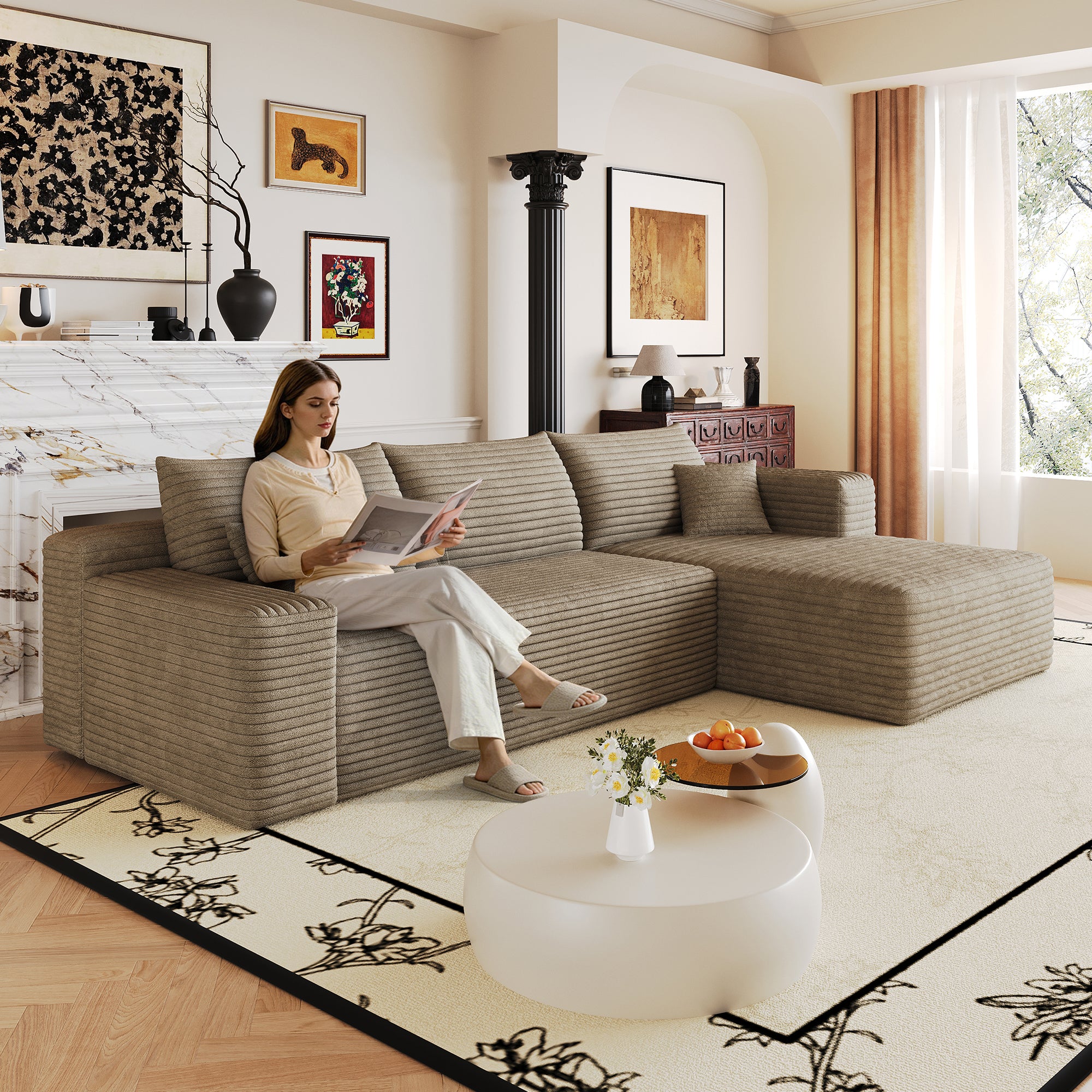Camel corduroy sectional sofa deep-seat corner angle view