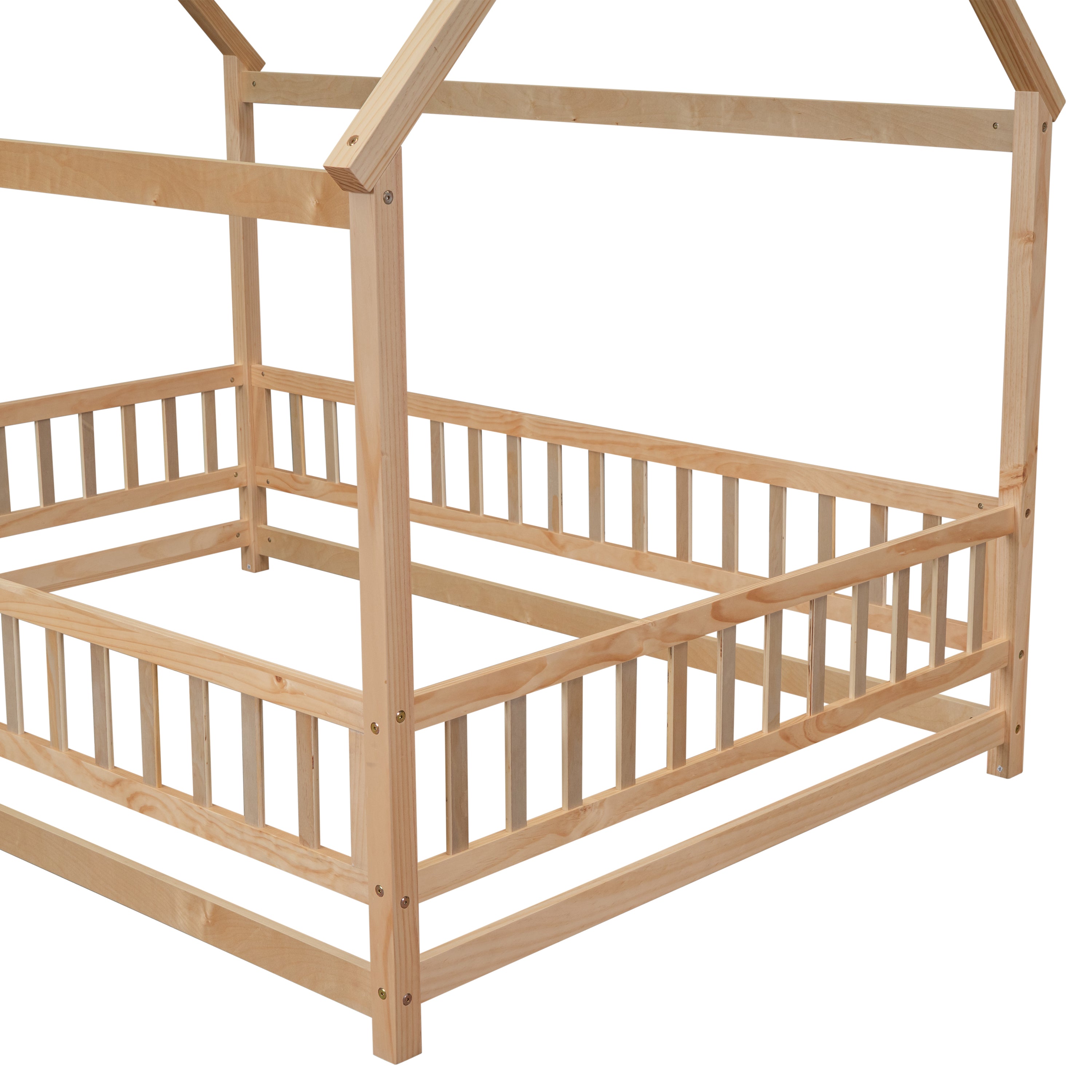 Full Size Floor Wooden Bed with House Roof Frame, Fence Guardrails ,Nartural(Old SKU:W504105242)