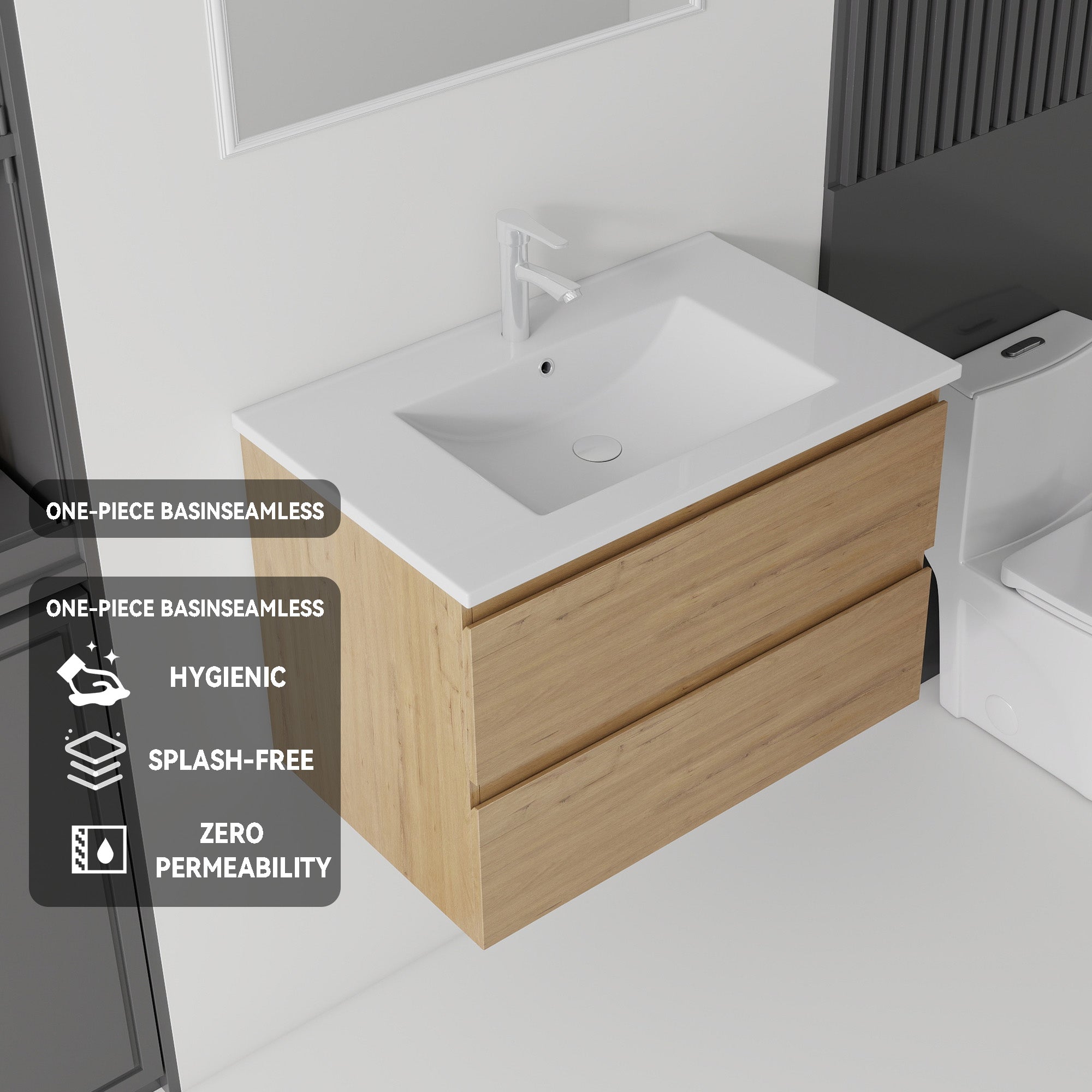 Oak floating vanity with ceramic sink in bathroom setting