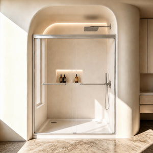 Double sliding shower door 56-60 in brushed nickel front view