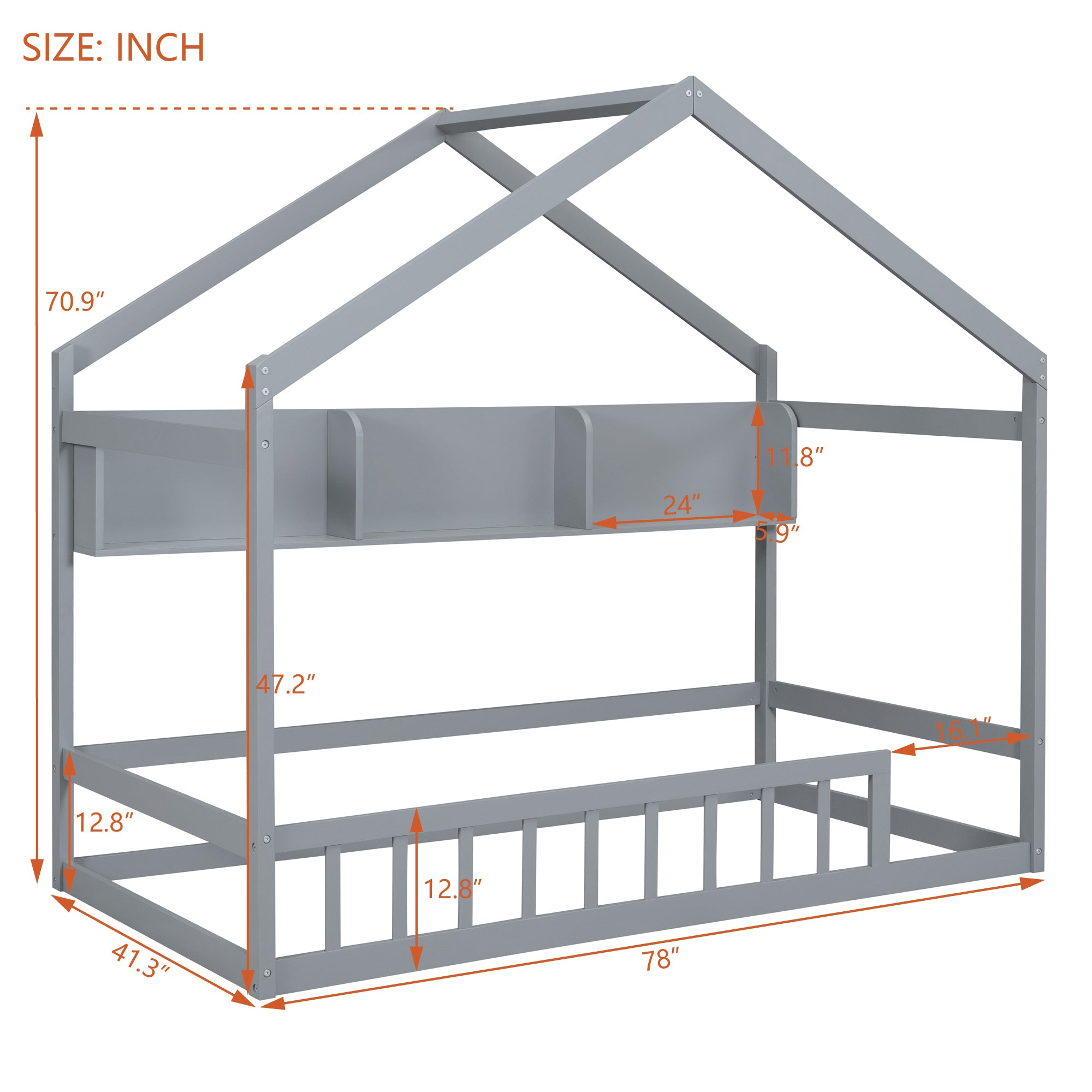 Wooden Twin Size House Bed with Storage Shelf,Kids Bed with Fence and Roof, Gray