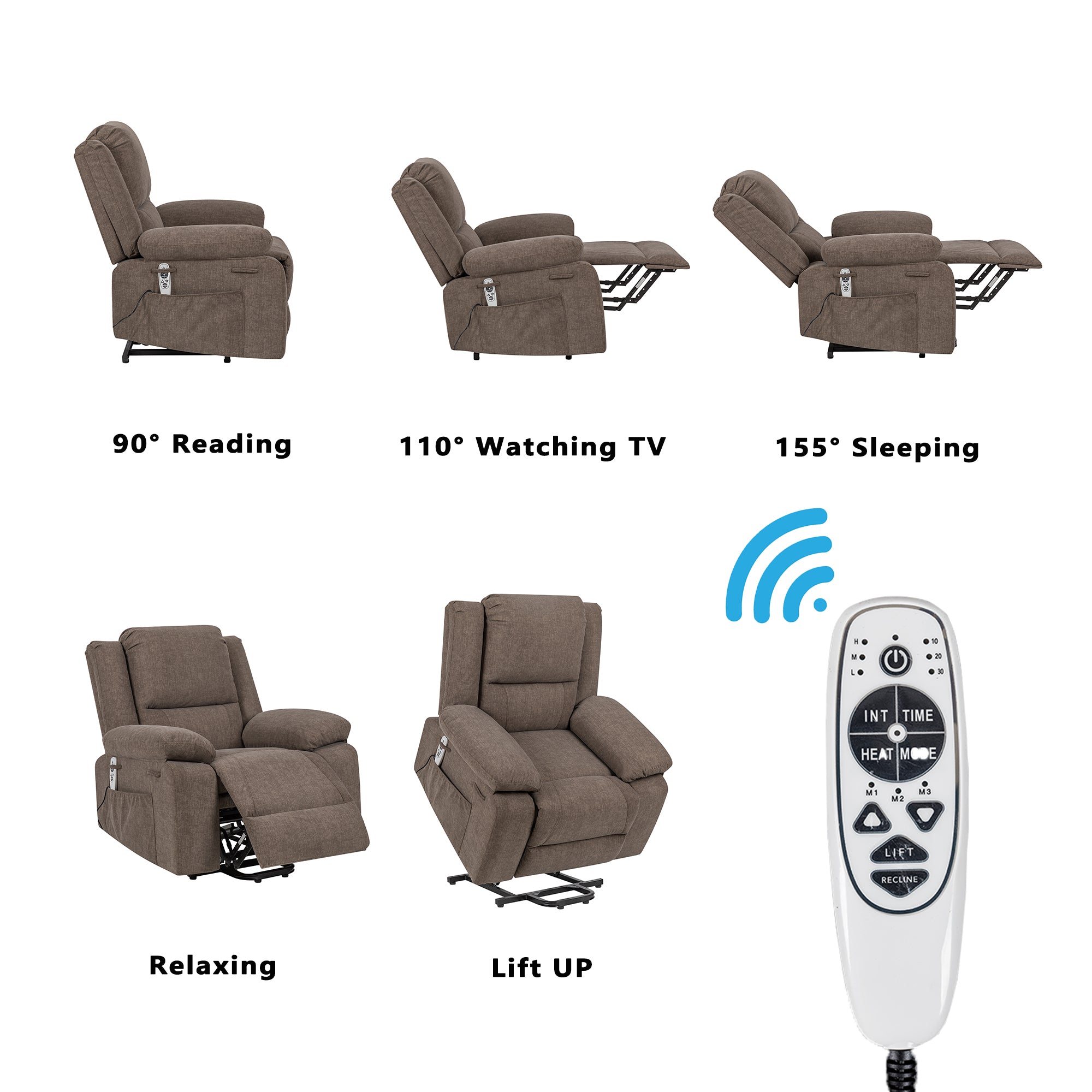 Electric Power Recliner Chair With Massage For Elderly ,Remote Control Multi-function Lifting, Timing, Cushion Heating Chair With Side Pocket Brown