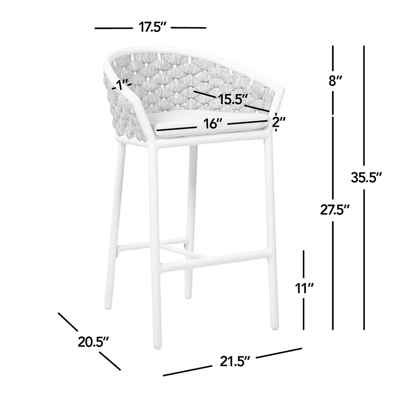 Rowan 27.5" Rope Barrel Low Back Patio Counter Stool, Set of 2, Optic White Acrylic