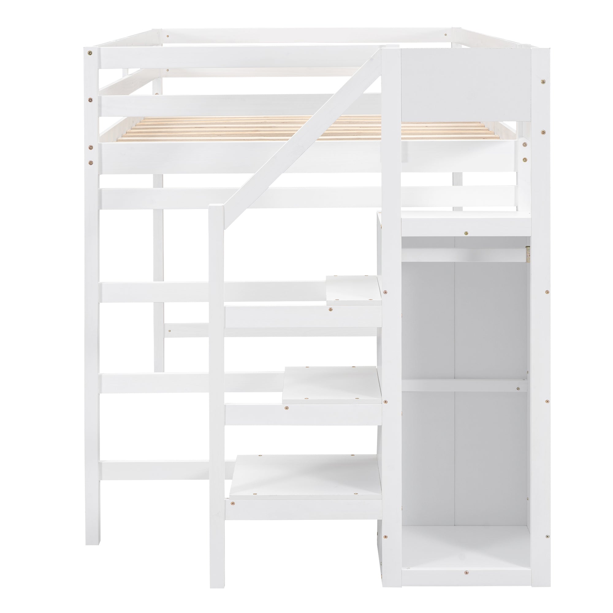 Full Size Loft Bed with Built-in Storage Wardrobe and Staircase, White