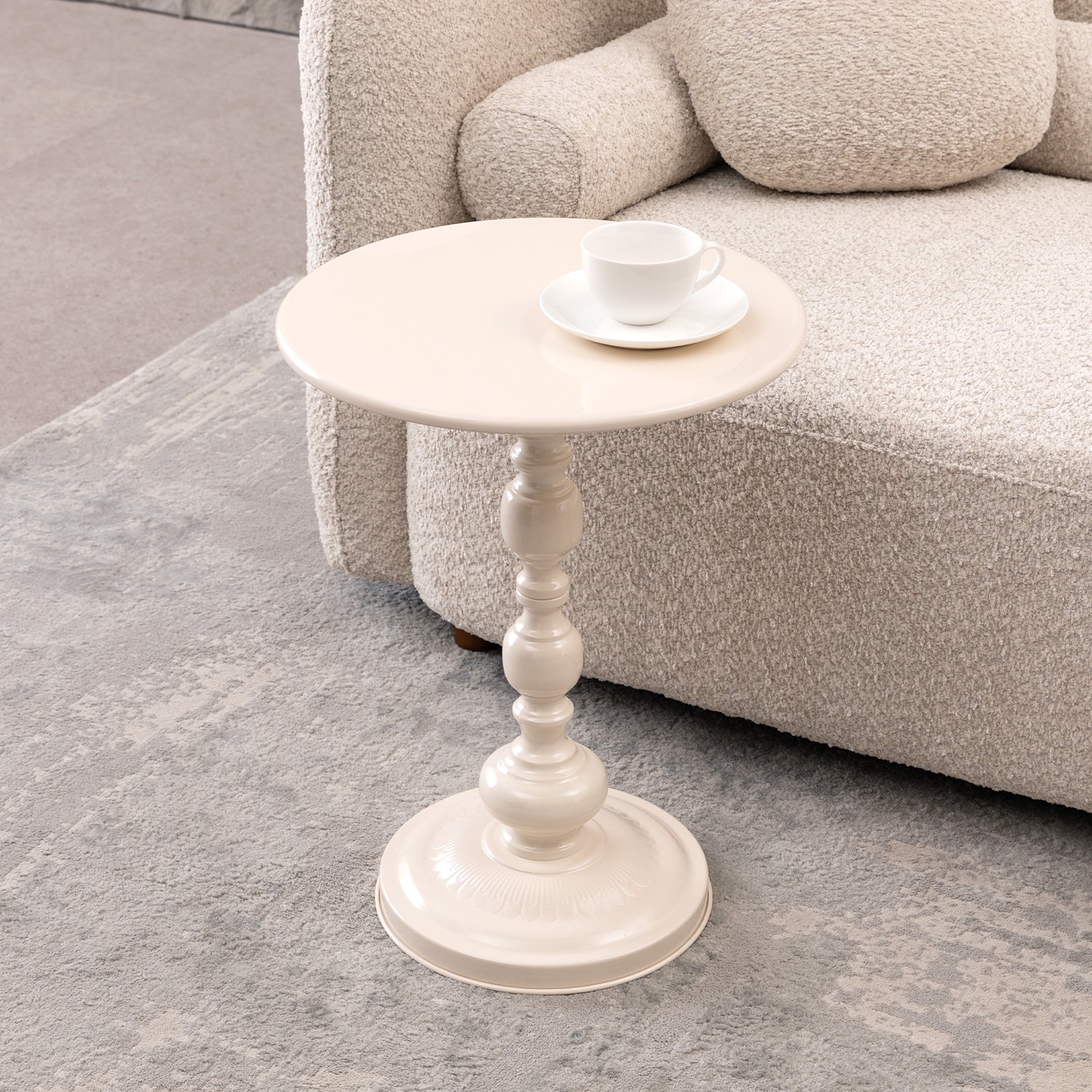 Round vintage metal accent end table, angled view