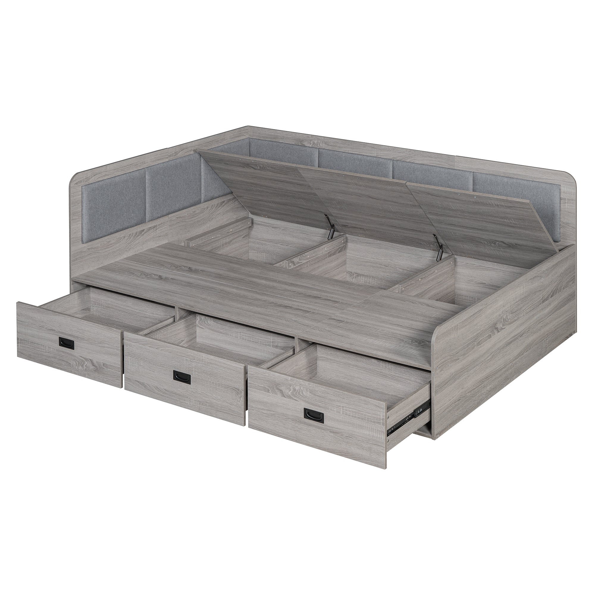 Full Size Daybed with Three Drawers and Three Storage Compartments, Gray