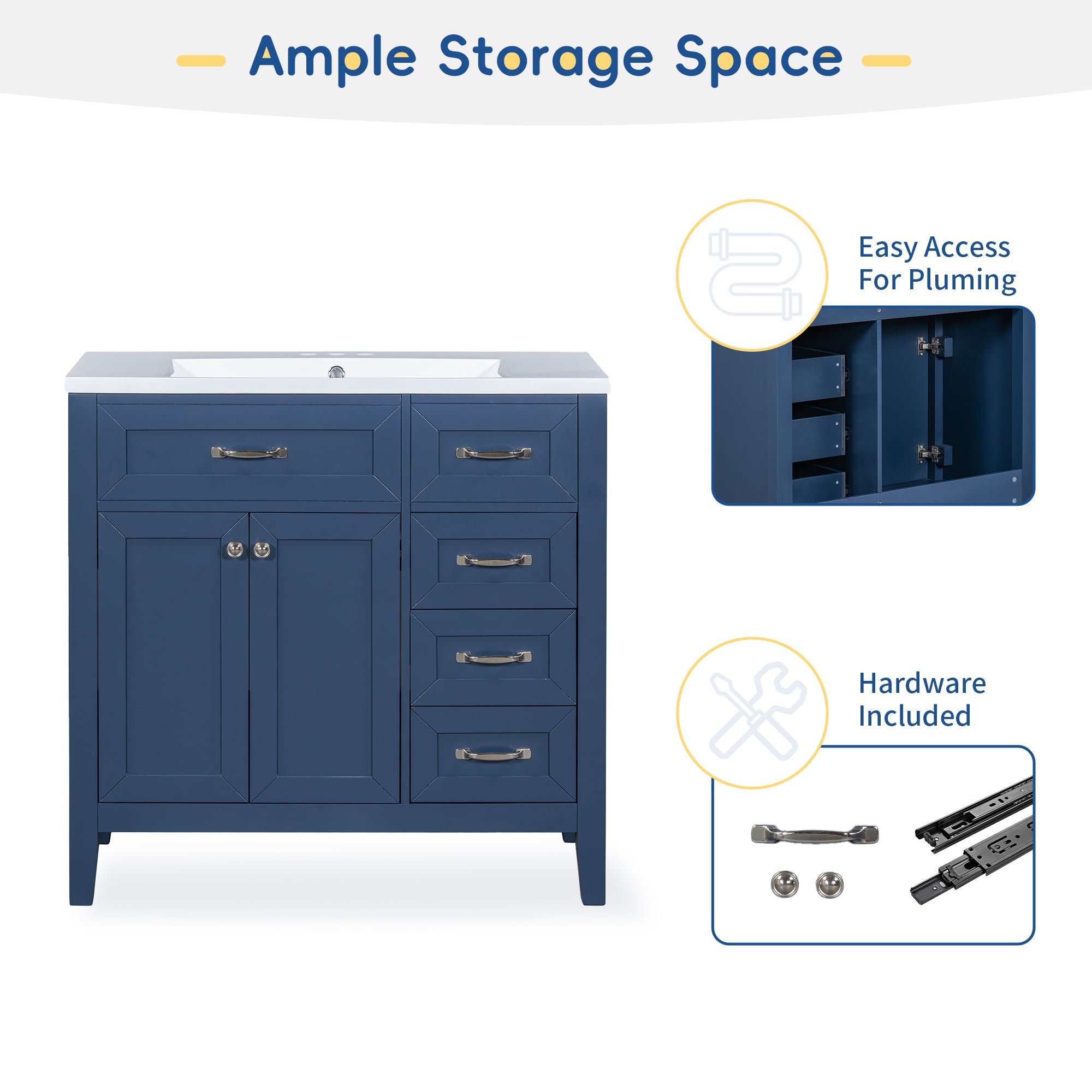 36" Bathroom Vanity without Sink, Cabinet Base Only, Bathroom Cabinet with Drawers, Solid Frame and MDF Board, Blue