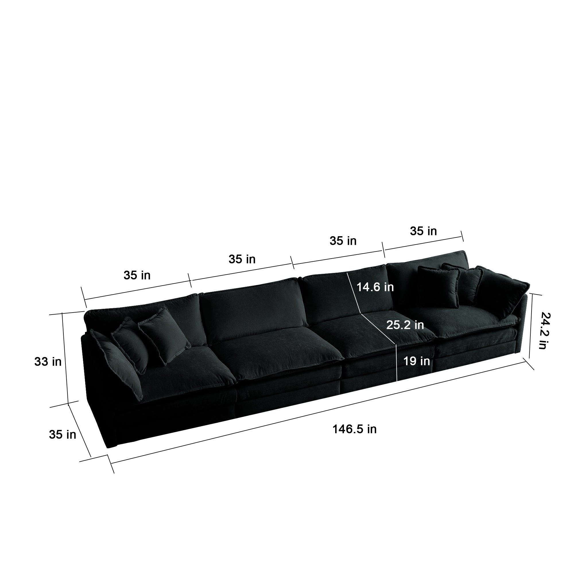 Comfort U Shaped Couch with Reversible Chaise, Modular Large U-Shape Sectional Sofa, Double Extra Ottomans,Black Chenille