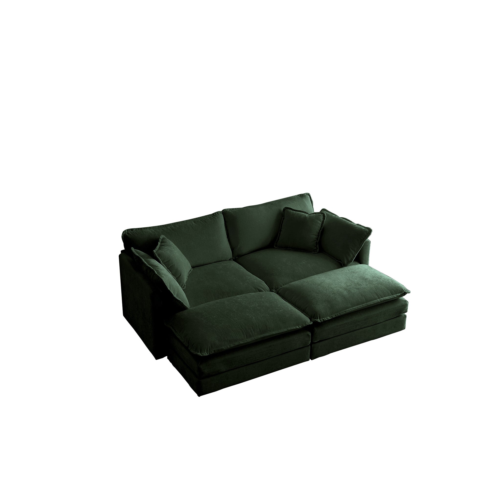 4 - Piece Upholstered Sectional Sofa, 1 - Piece of 2 Seater Sofa and 2- Piece of Ottomans , 2 Seater Loveseat Lounge with Ottomans , Green Chenille