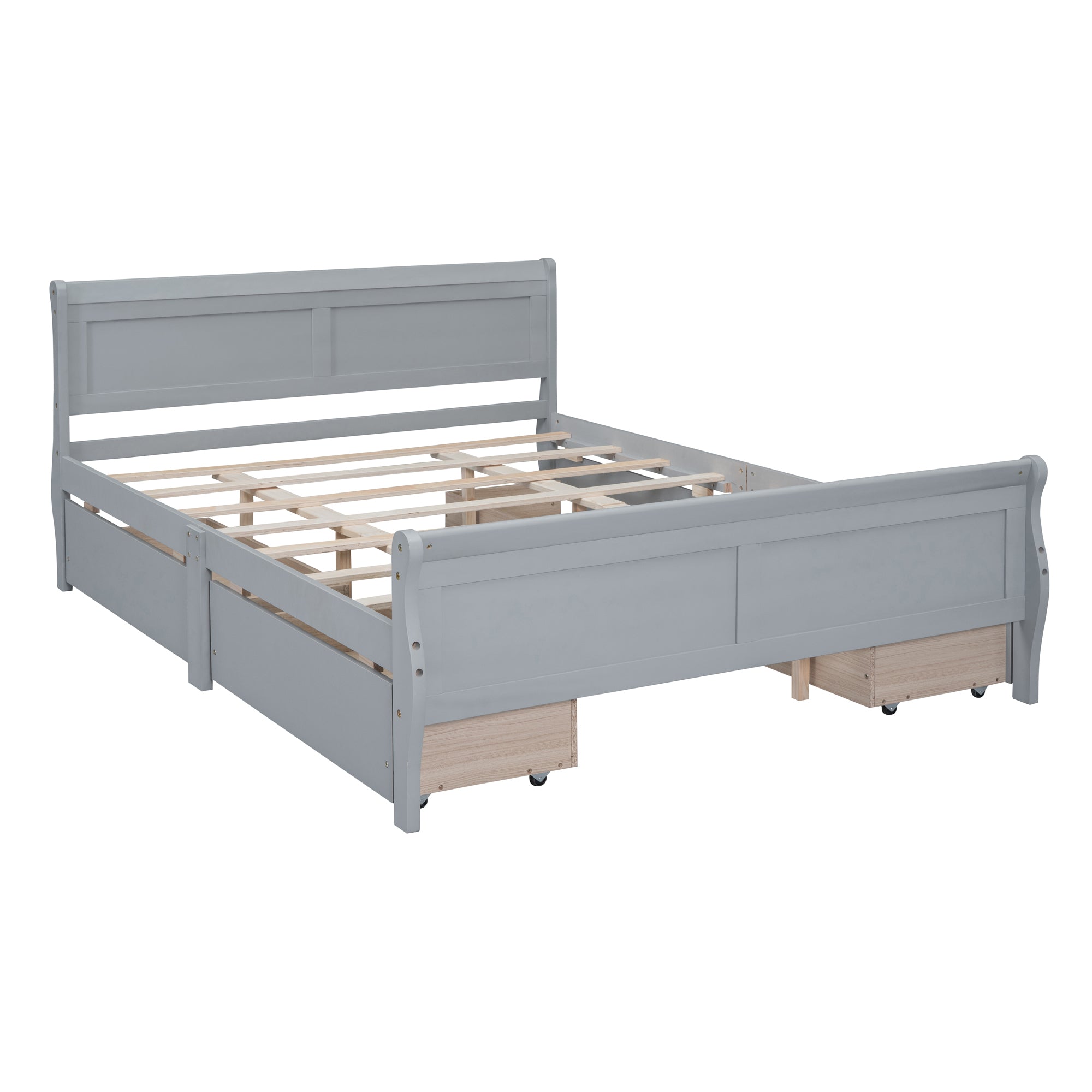 Queen Size Wood Platform Bed with 4 Drawers and Streamlined Headboard & Footboard, Gray