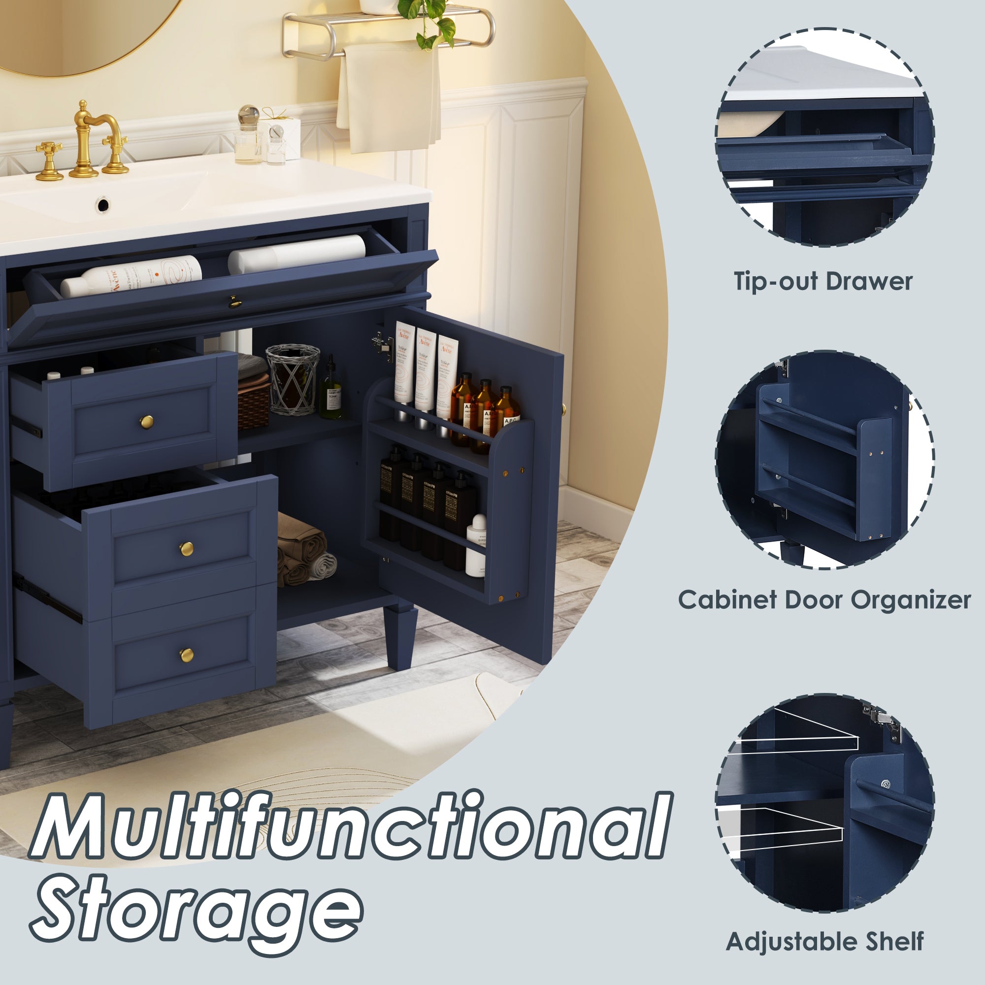 36 inch bathroom vanity storage cabinet open drawers detail