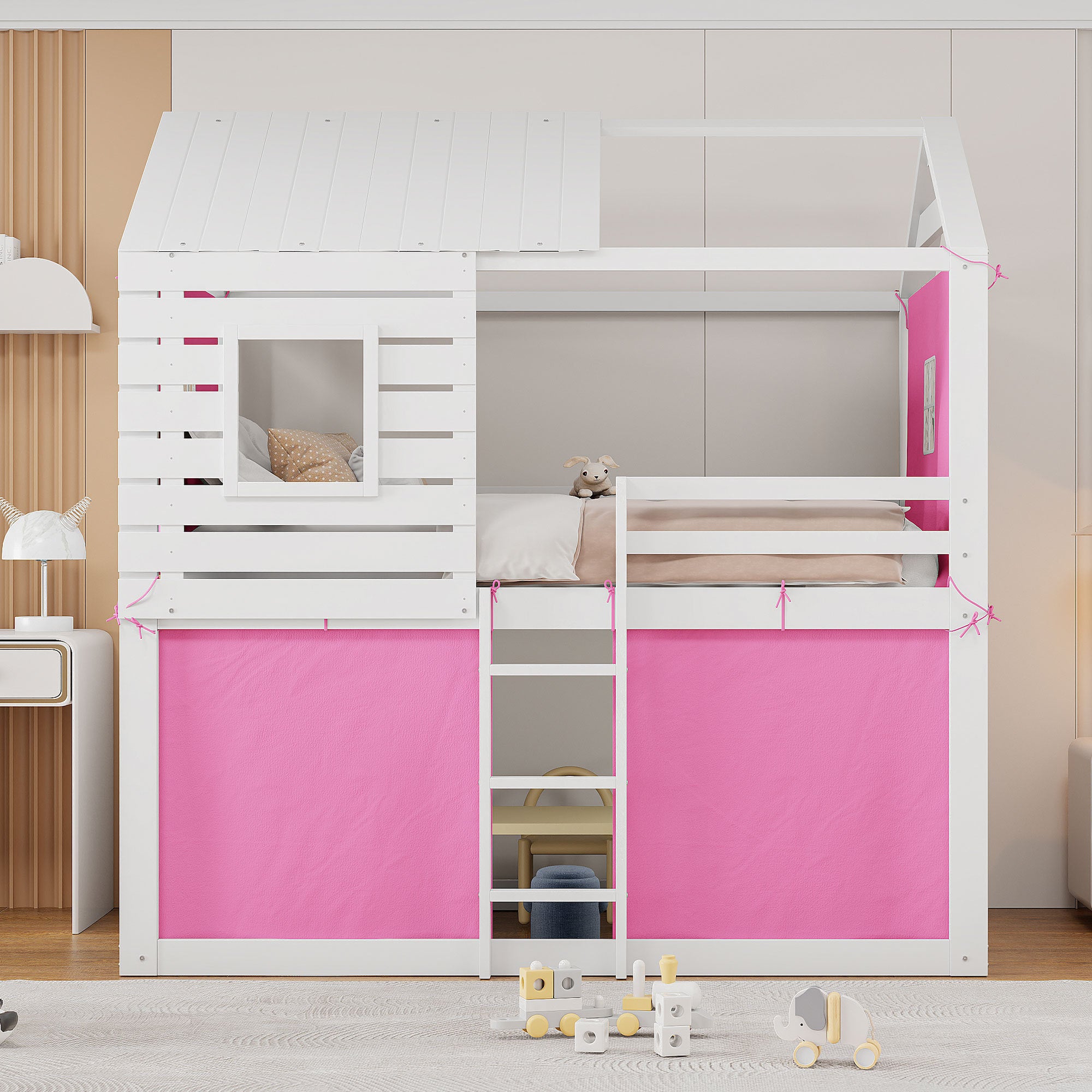 Full Size Bunk Wood House Bed with Tent, Pink+White