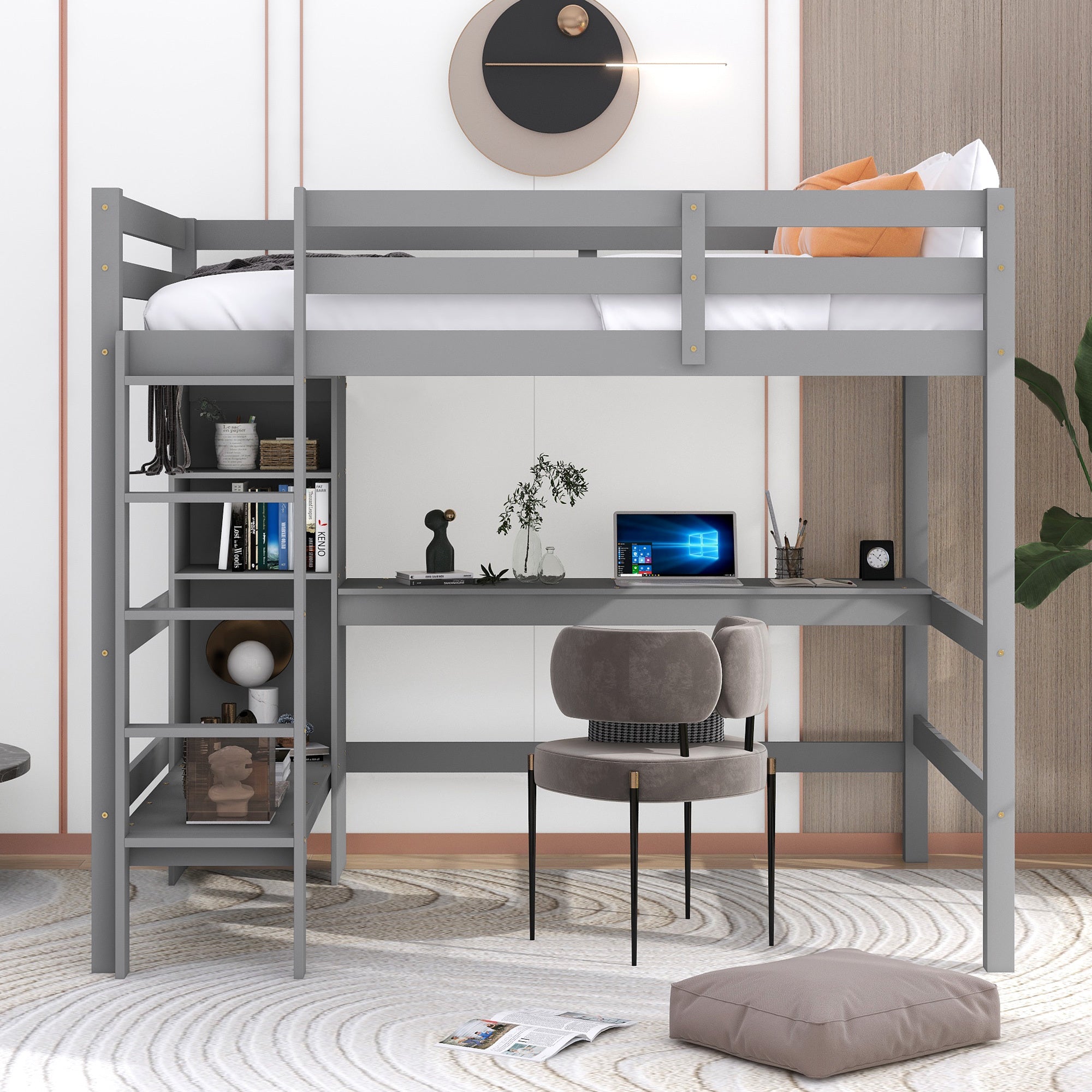 Full Size Loft Bed with Multifunction Shelves and Under-bed Desk, Gray