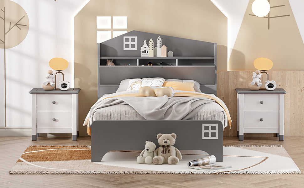 Wooden Twin Size House Bed with Storage Headboard ,Kids Bed with Storage Shelf,Grey