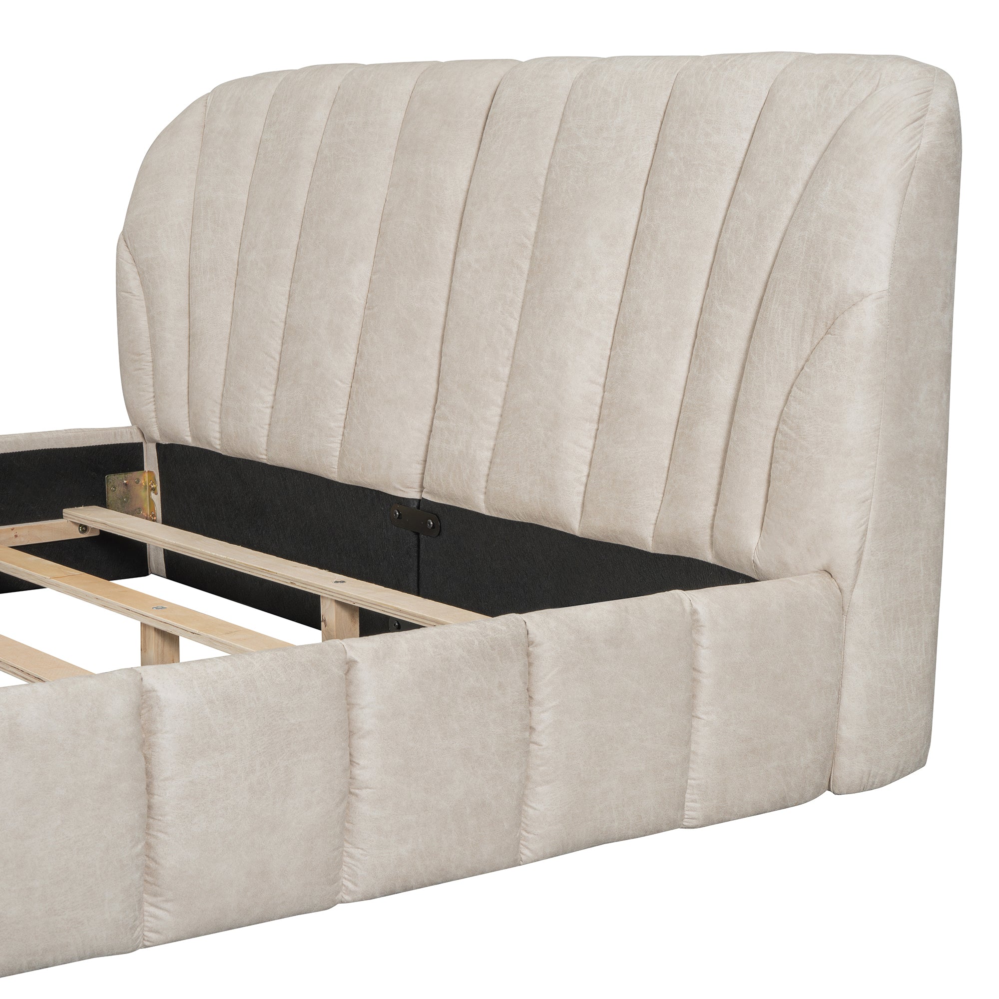 Queen Size Upholstered Platform Bed with Thick Fabric, Polyester, Beige