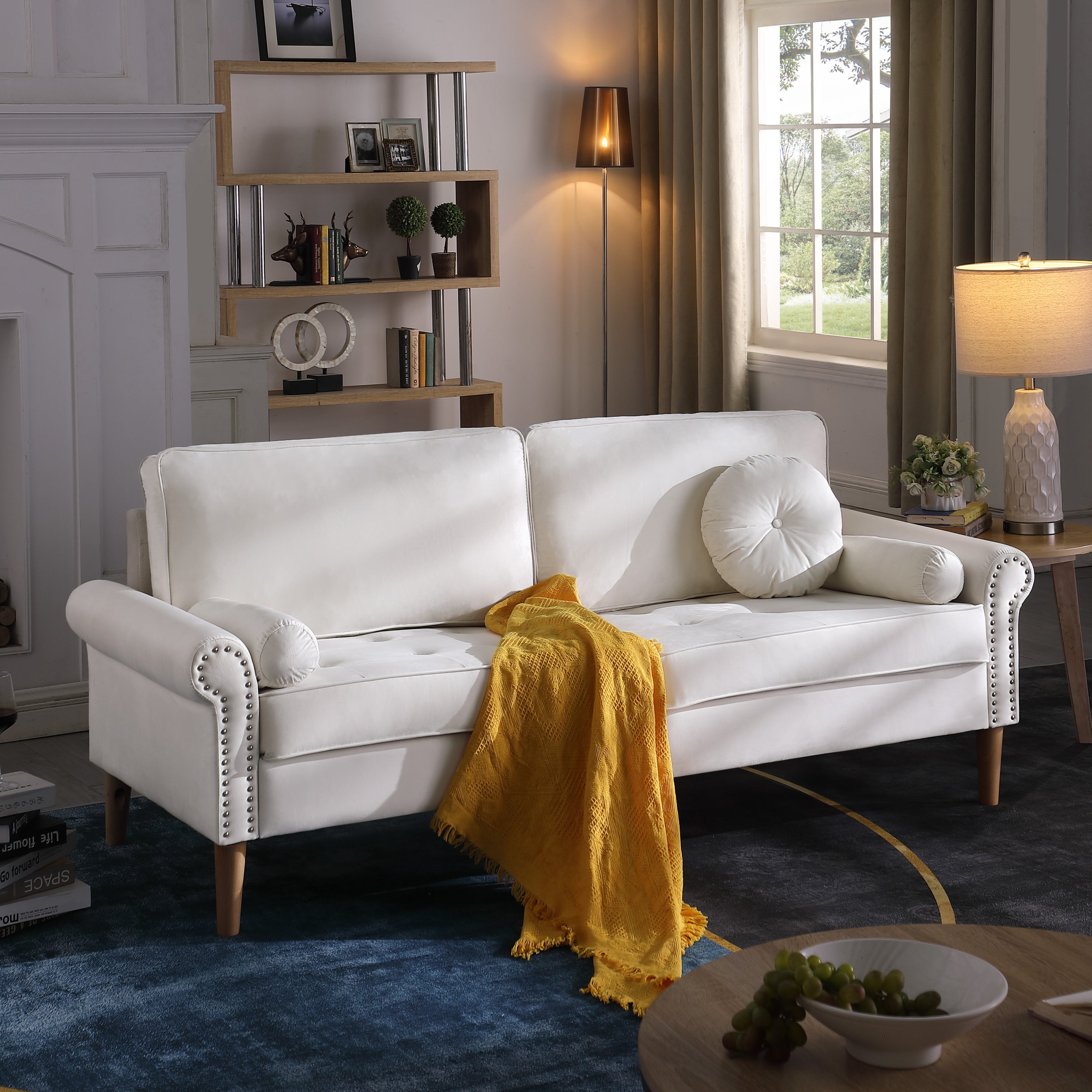 Living Room Sofa,3-Seater Sofa , with  Copper Nail on Arms ,Three Pillow,White