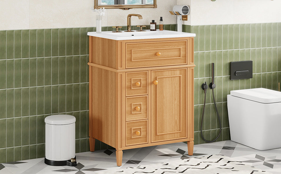 24-inch bathroom vanity with sink and wood handles, styled room view